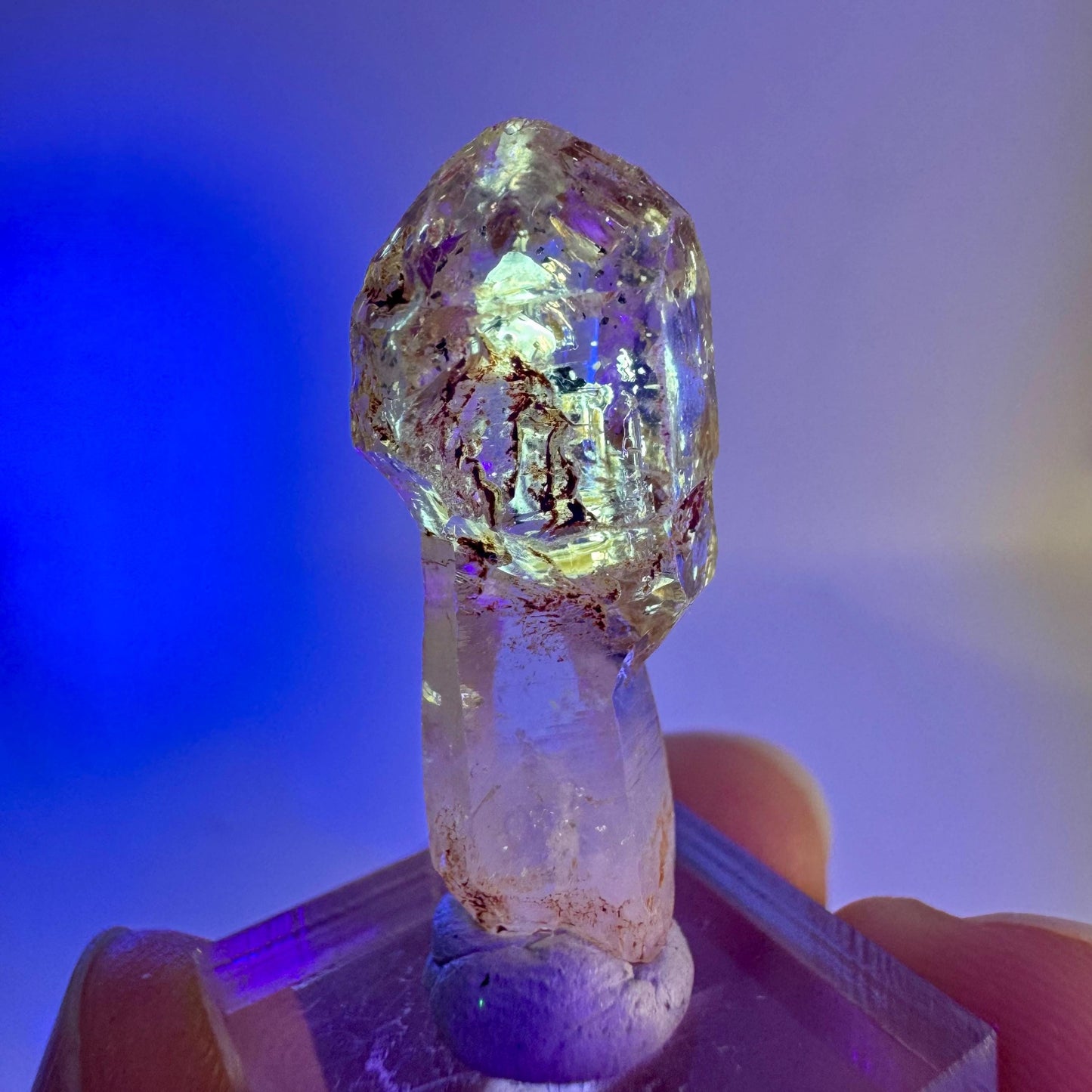 Firefly Petroleum Quartz Sceptre | UV reactive crystal, fluorescent mineral from Madagascar