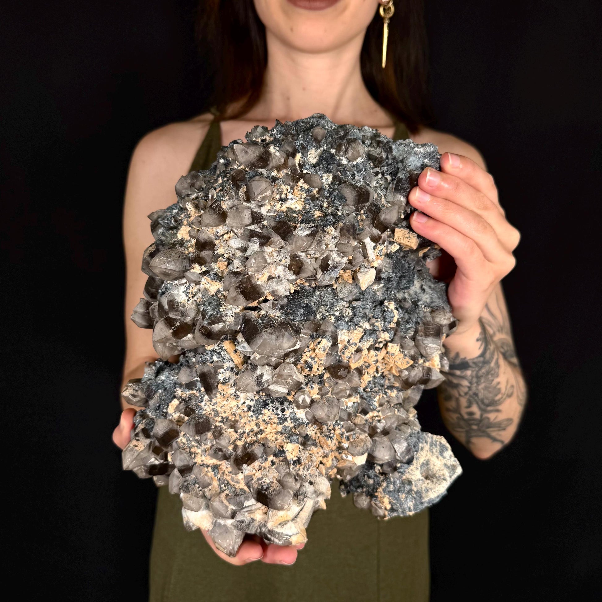 MASSIVE Smoky Quartz with Hyalite Opal, Feldspar, & Foitite | Crystal Cluster from Namibia