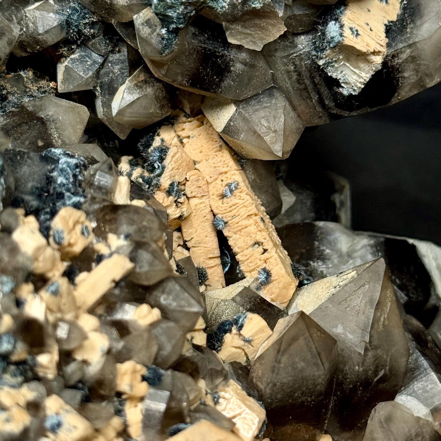 MASSIVE Smoky Quartz with Hyalite Opal, Feldspar, & Foitite | Crystal Cluster from Namibia