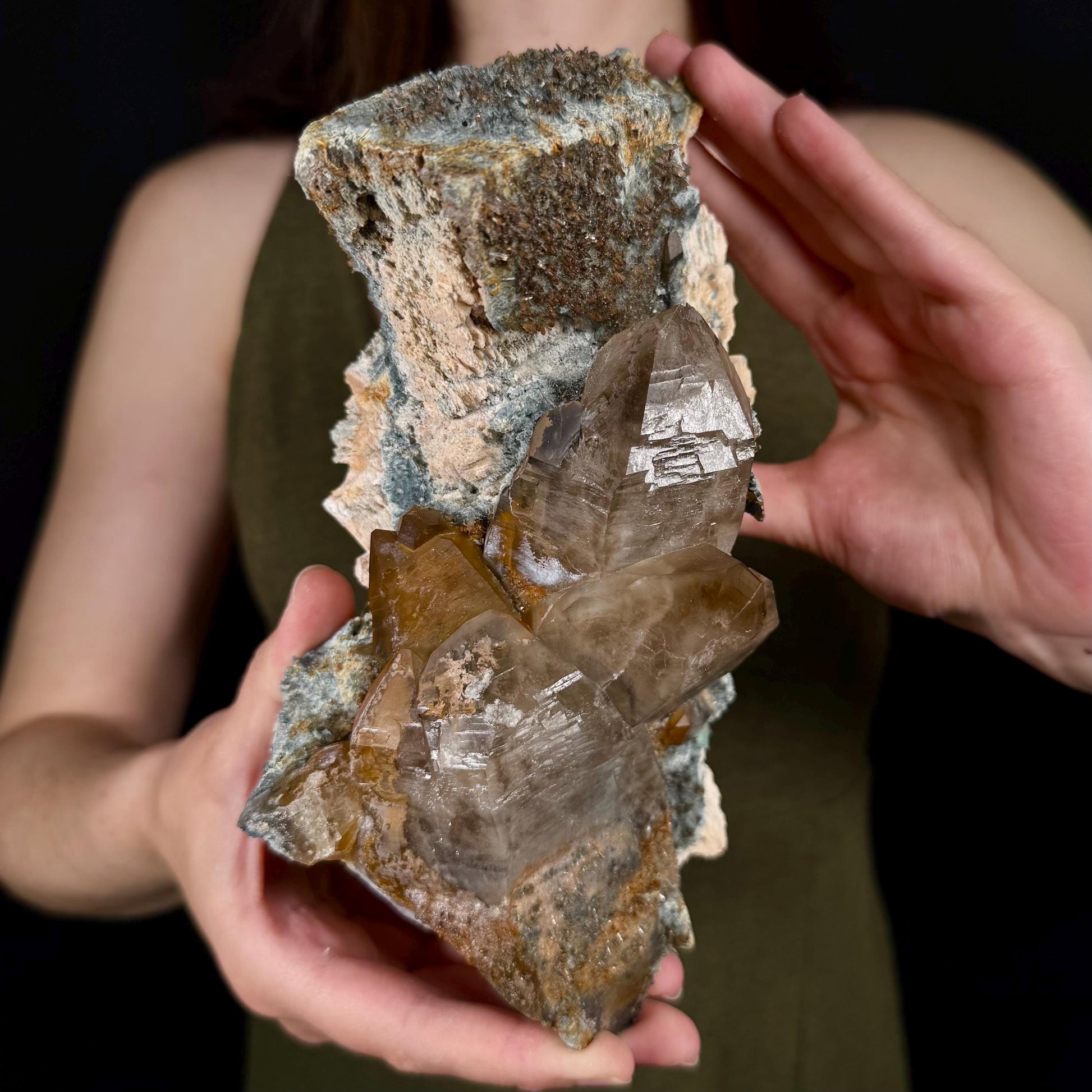 XL Smoky Quartz with Hyalite Opal, Feldspar, Fluorite, & Foitite | Crystal Cluster from Namibia