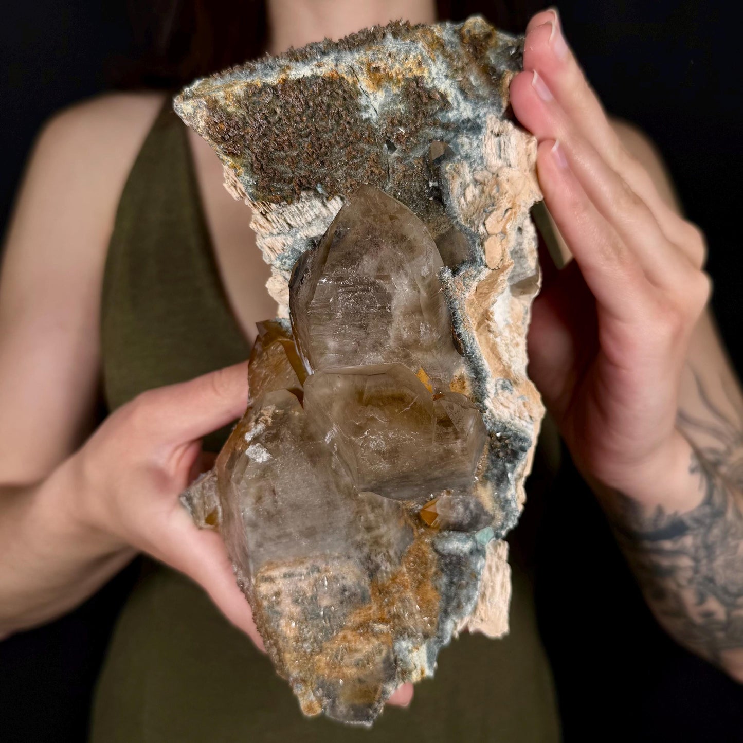 XL Smoky Quartz with Hyalite Opal, Feldspar, Fluorite, & Foitite | Crystal Cluster from Namibia