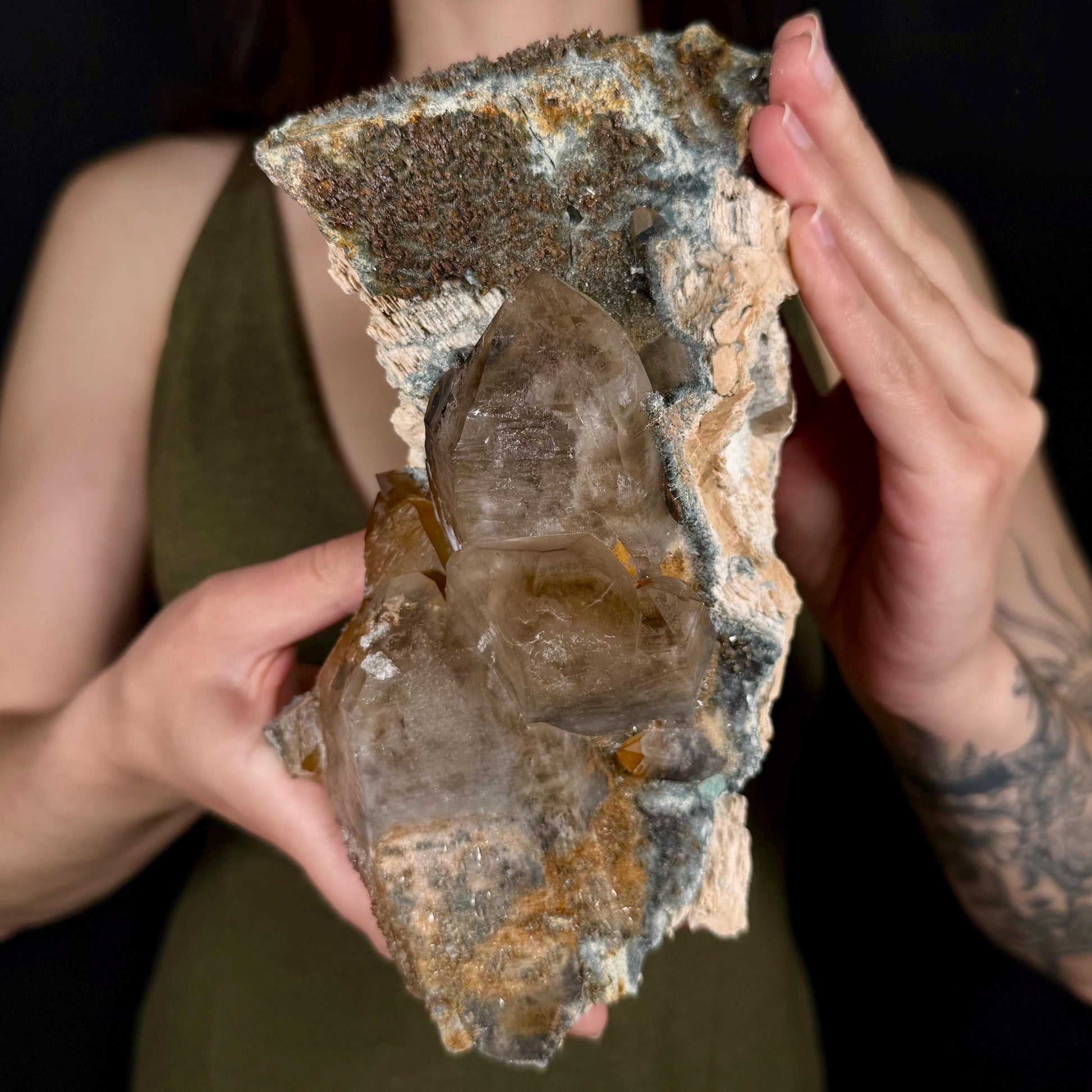 XL Smoky Quartz with Hyalite Opal, Feldspar, Fluorite, & Foitite | Crystal Cluster from Namibia