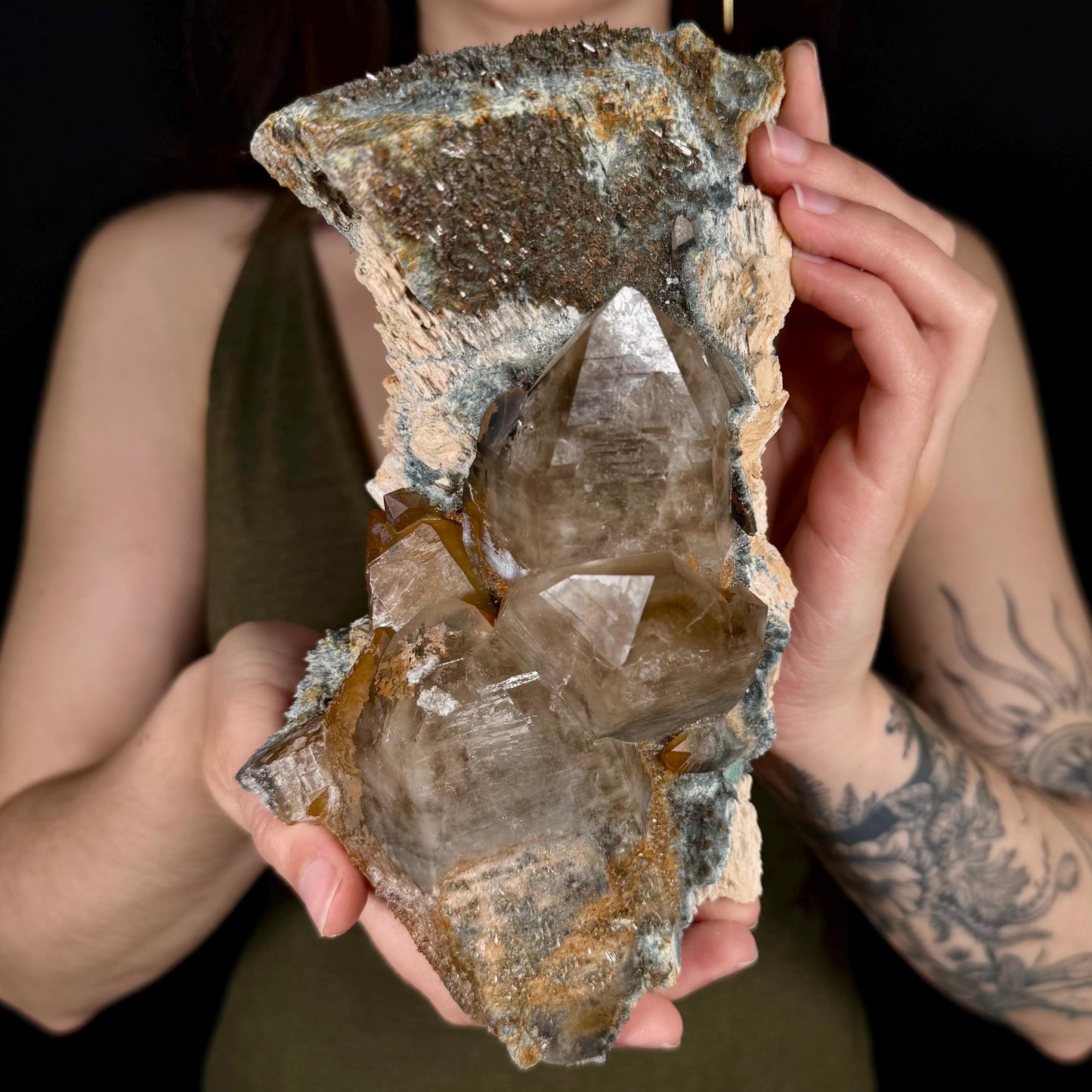 XL Smoky Quartz with Hyalite Opal, Feldspar, Fluorite, & Foitite | Crystal Cluster from Namibia