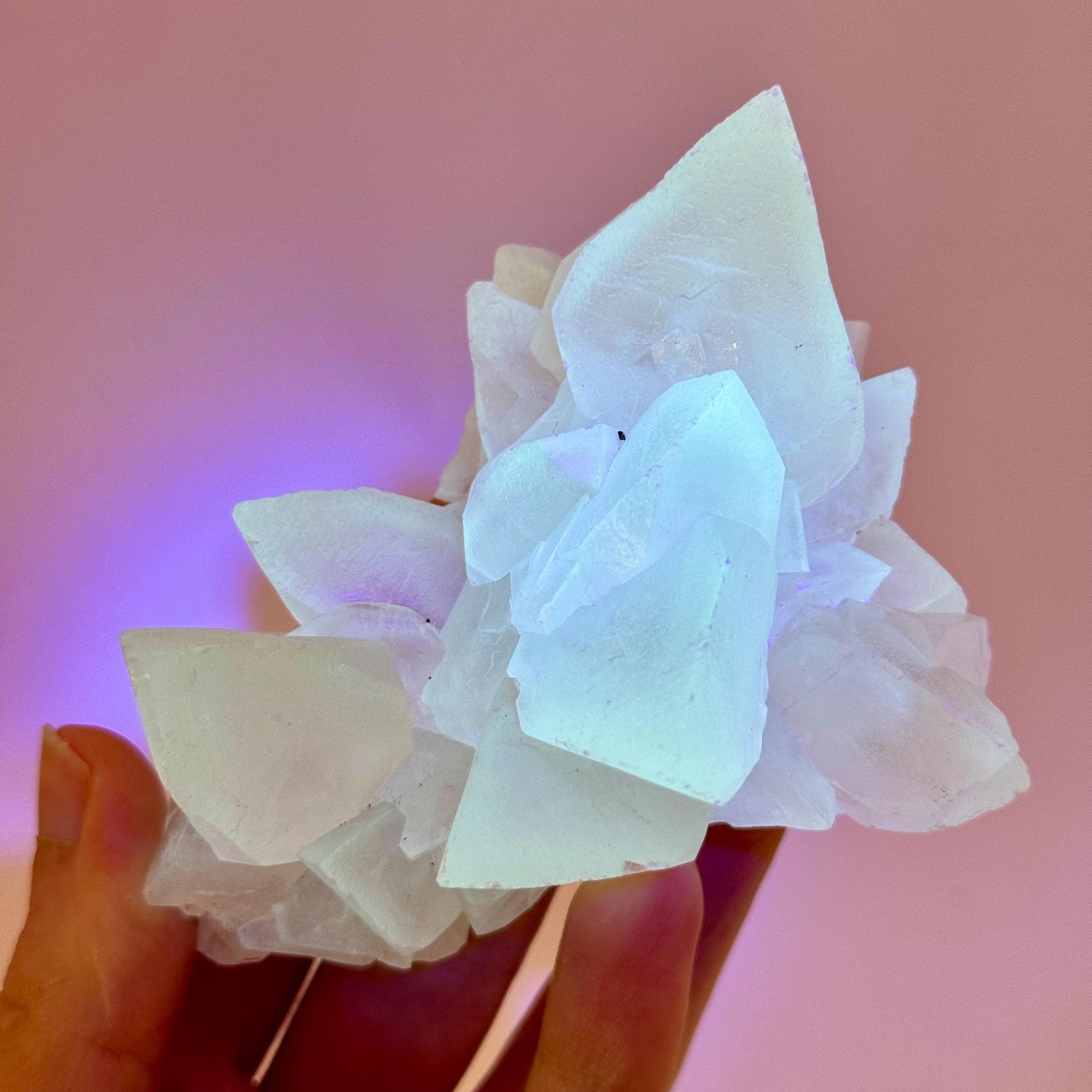 Fluorescent Calcite | UV-reactive raw crystal cluster, natural mineral specimen