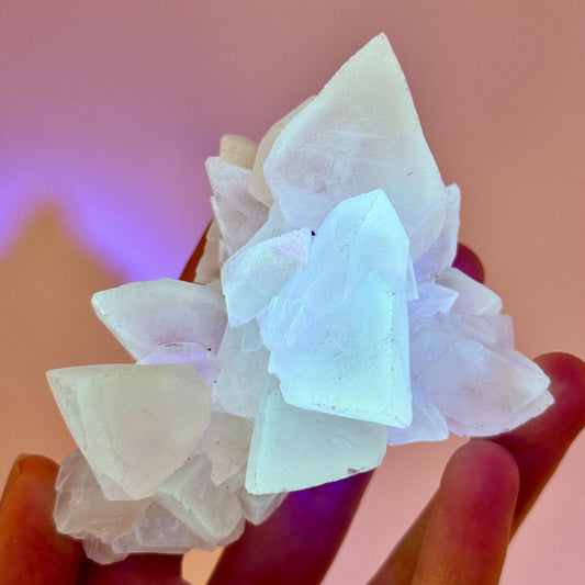 Fluorescent Calcite | UV-reactive raw crystal cluster, natural mineral specimen