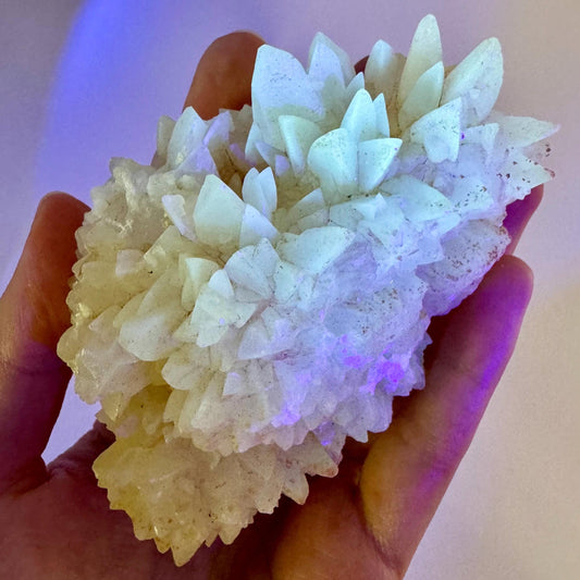 Fluorescent Calcite | UV-reactive raw crystal cluster, natural mineral specimen