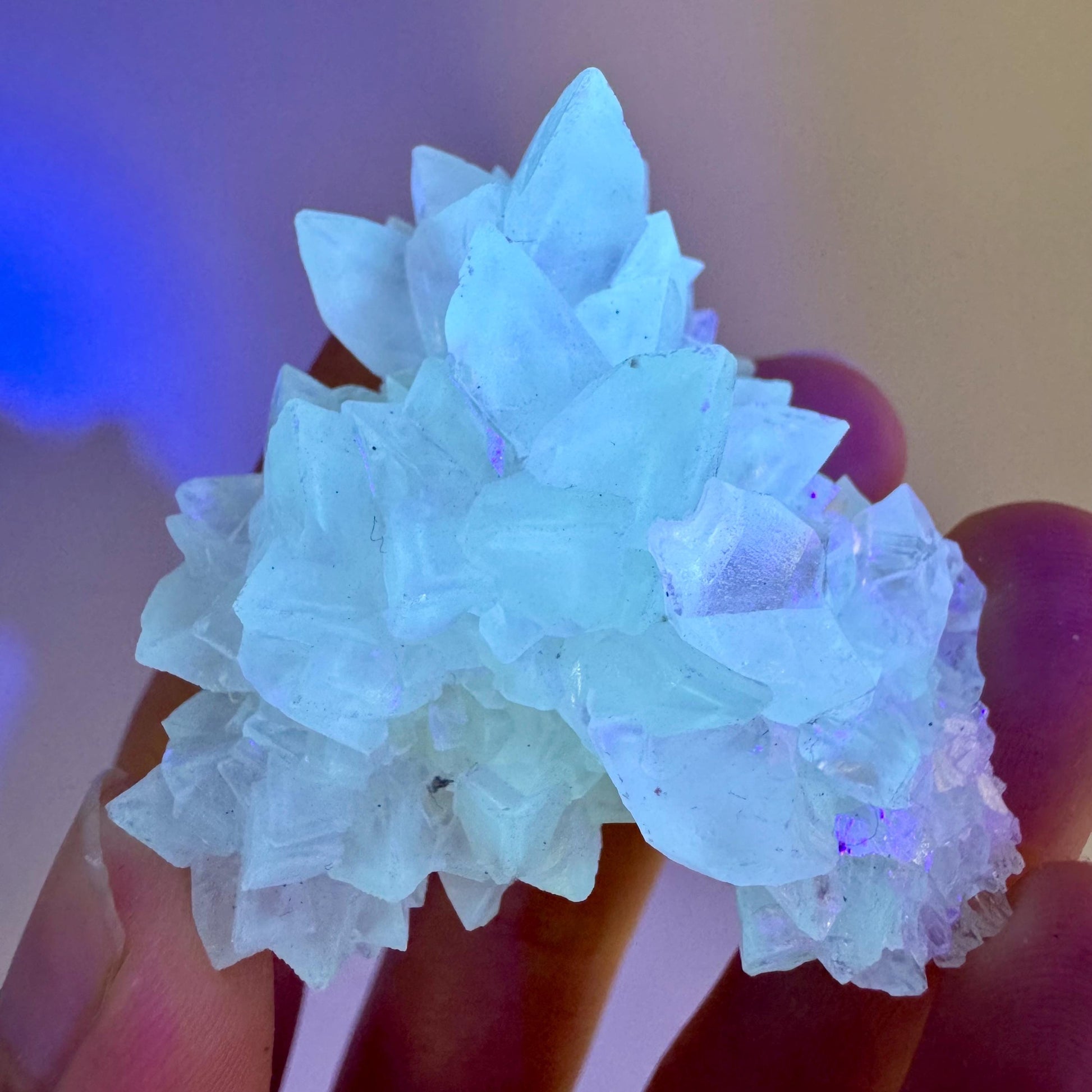 Fluorescent Calcite | UV-reactive raw crystal cluster, natural mineral specimen