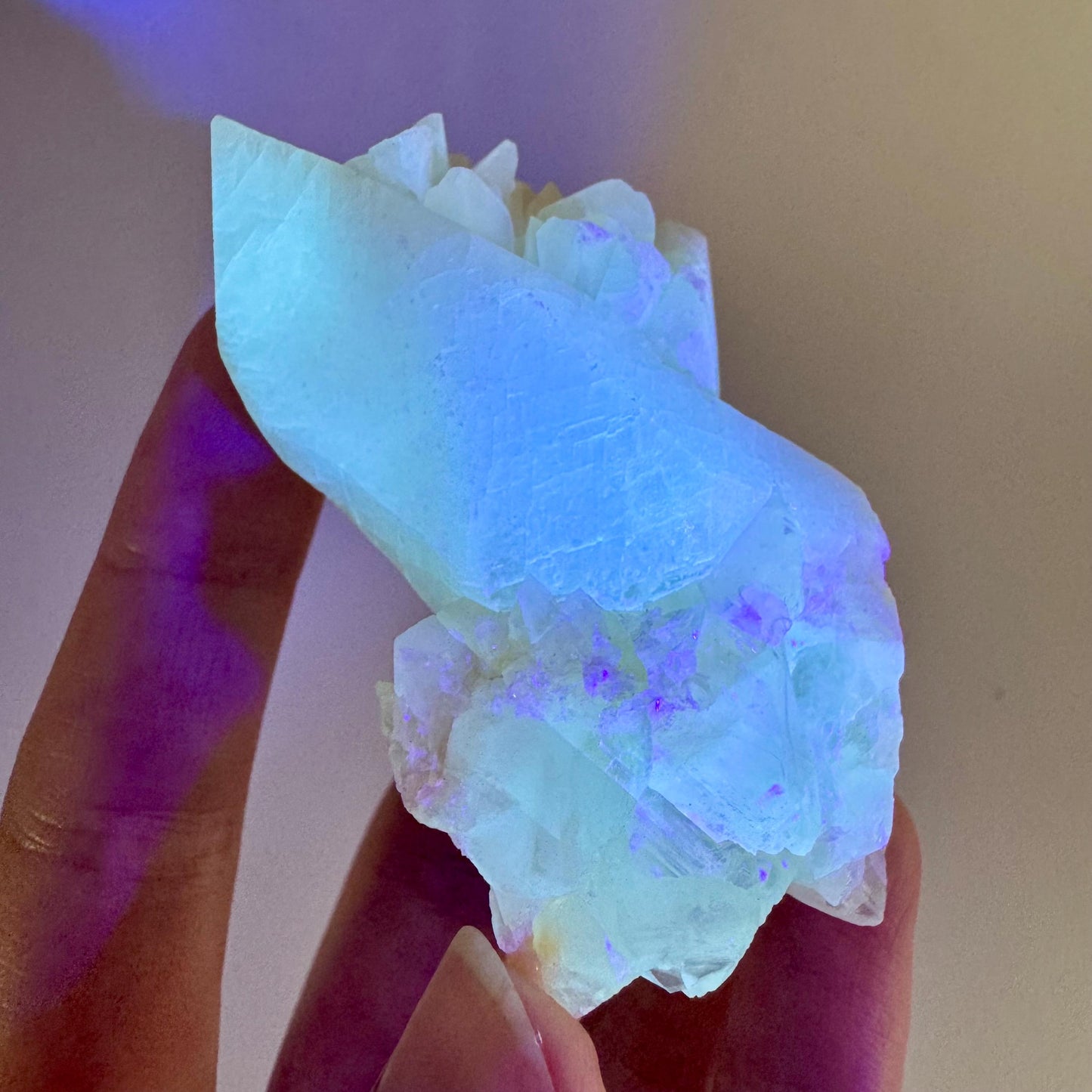 Fluorescent Calcite | UV-reactive raw crystal cluster, natural mineral specimen