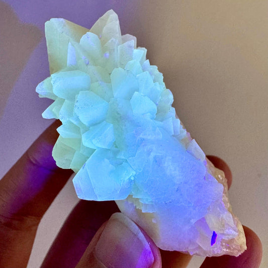 Fluorescent Calcite | UV-reactive raw crystal cluster, natural mineral specimen