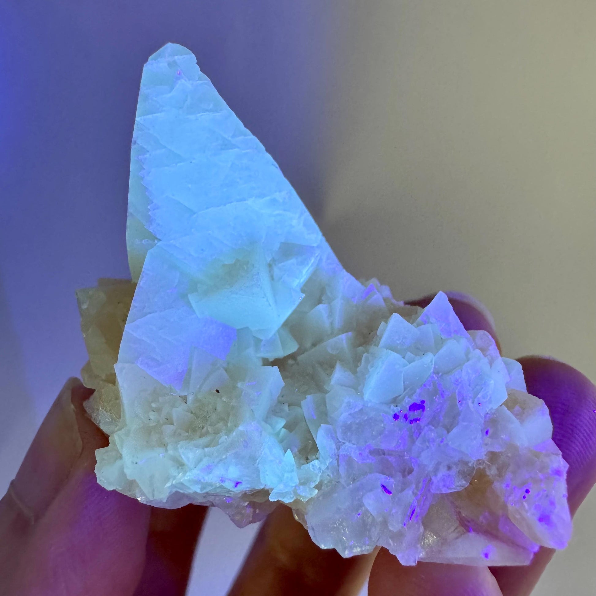 Fluorescent Calcite | UV-reactive raw crystal cluster, natural mineral specimen