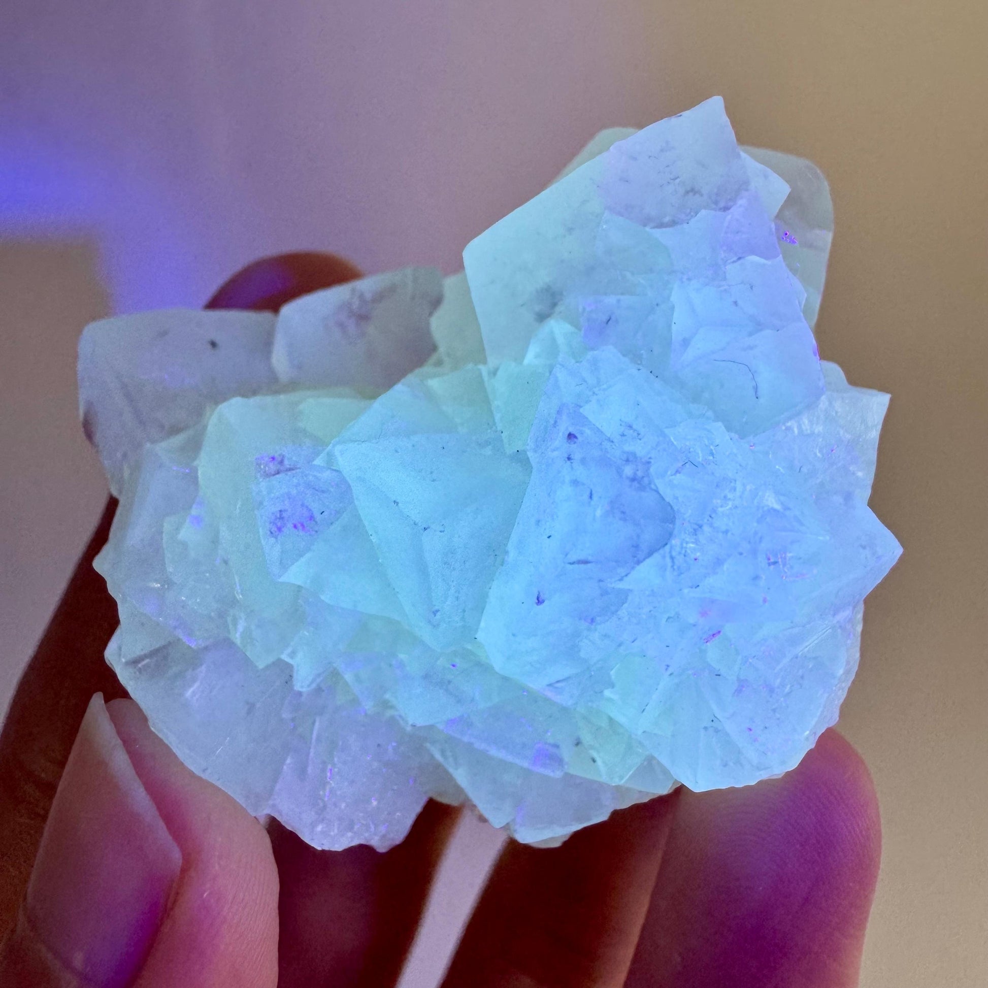 Fluorescent Calcite | UV-reactive raw crystal cluster, natural mineral specimen