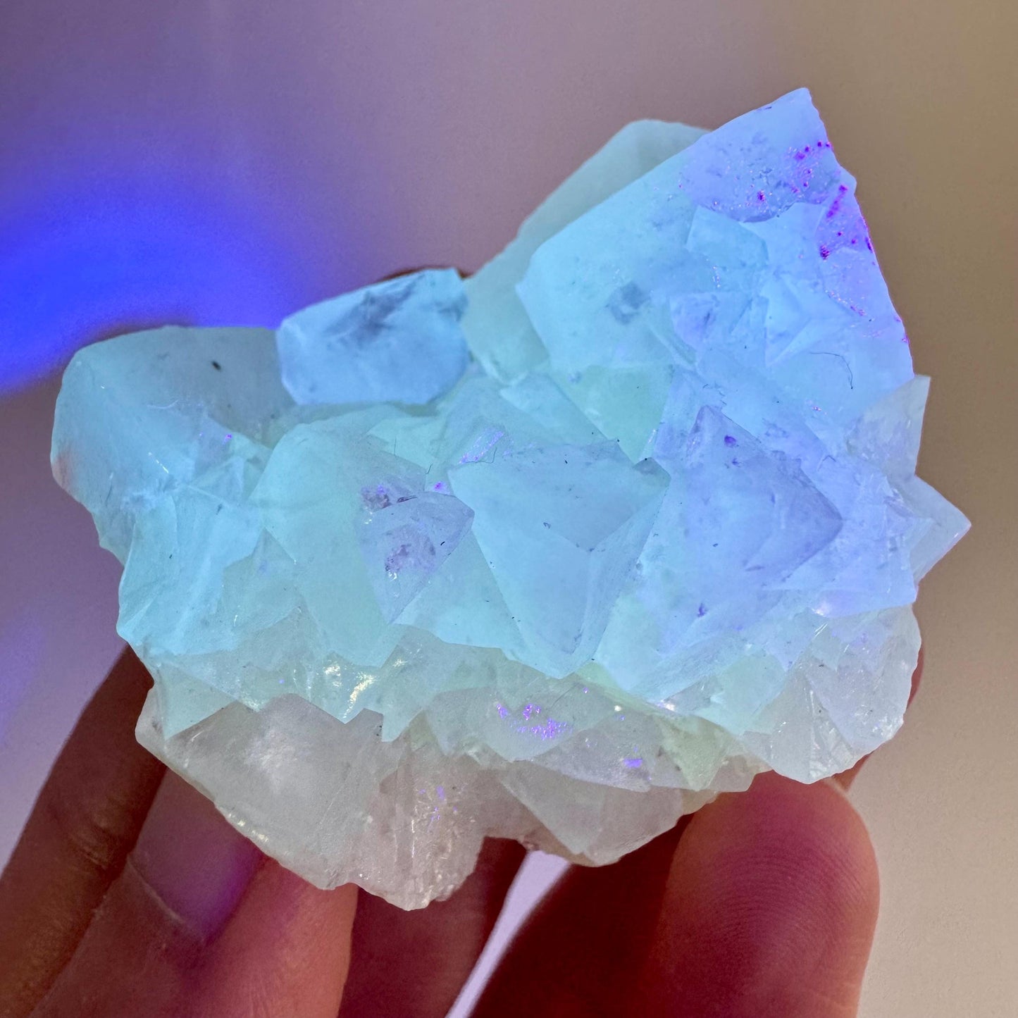 Fluorescent Calcite | UV-reactive raw crystal cluster, natural mineral specimen