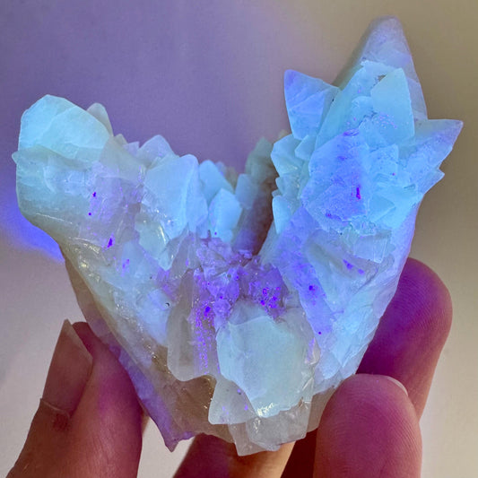 Fluorescent Calcite | UV-reactive raw crystal cluster, natural mineral specimen