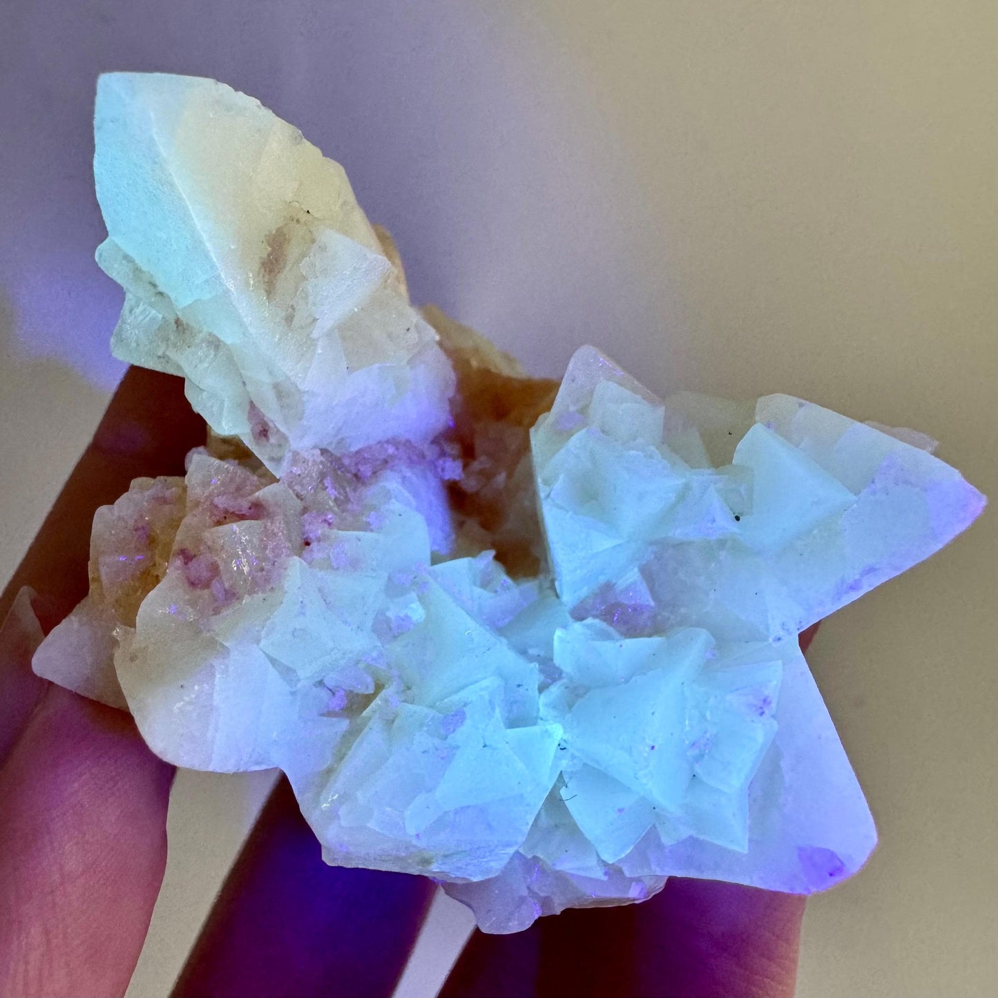 Fluorescent Calcite | UV-reactive raw crystal cluster, natural mineral specimen