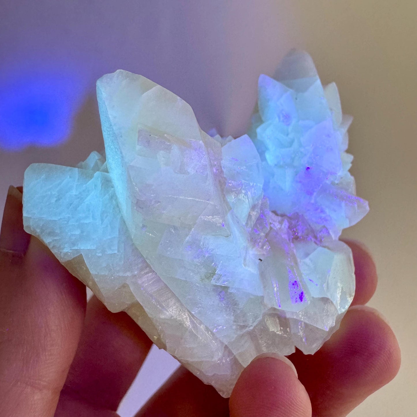 Fluorescent Calcite | UV-reactive raw crystal cluster, natural mineral specimen
