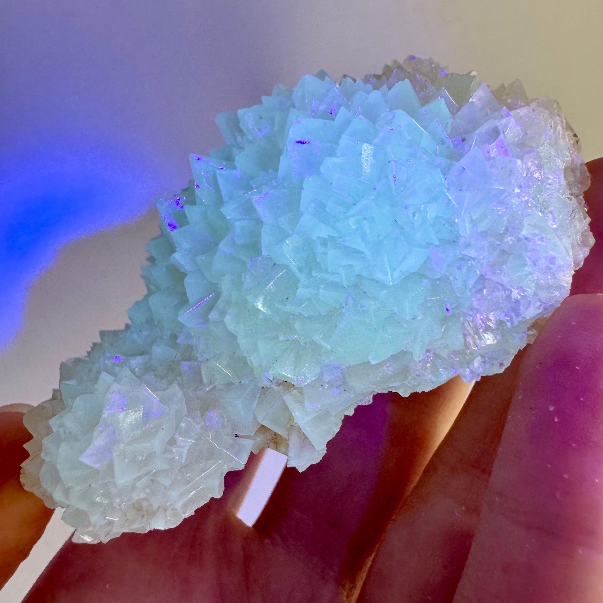 Fluorescent Calcite | UV-reactive raw crystal cluster, natural mineral specimen