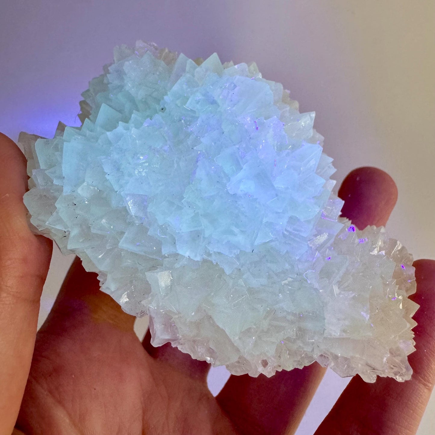 Fluorescent Calcite | UV-reactive raw crystal cluster, natural mineral specimen