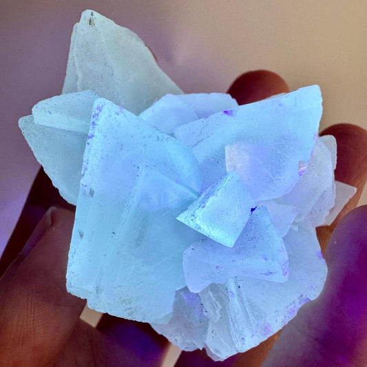 Fluorescent Calcite | UV-reactive raw crystal cluster, natural mineral specimen