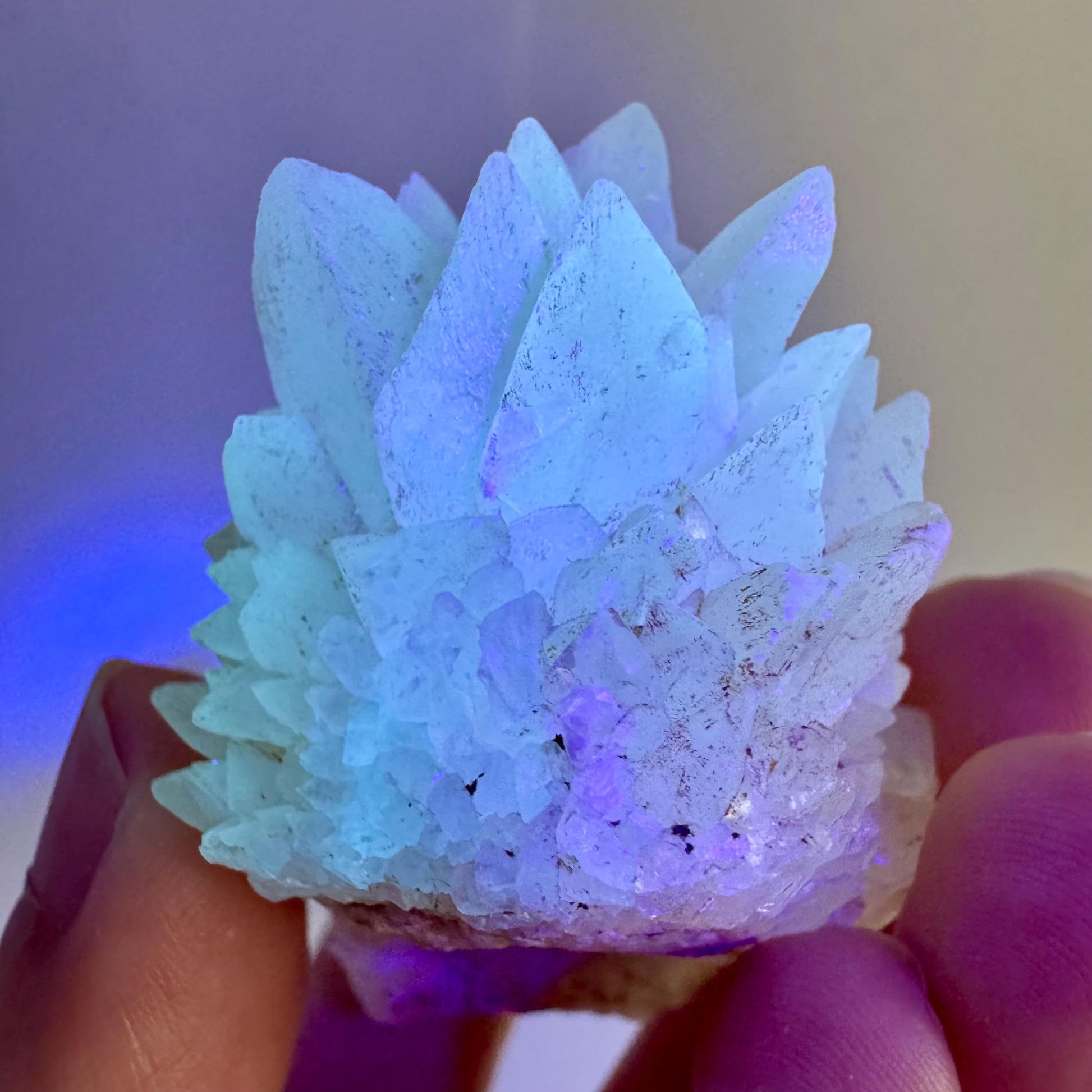 Fluorescent Calcite | UV-reactive raw crystal cluster, natural mineral specimen