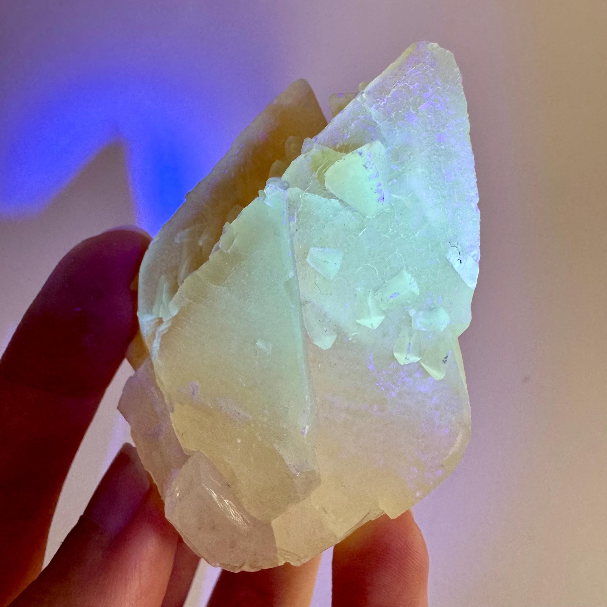 Fluorescent Calcite | UV-reactive raw crystal cluster, natural mineral specimen