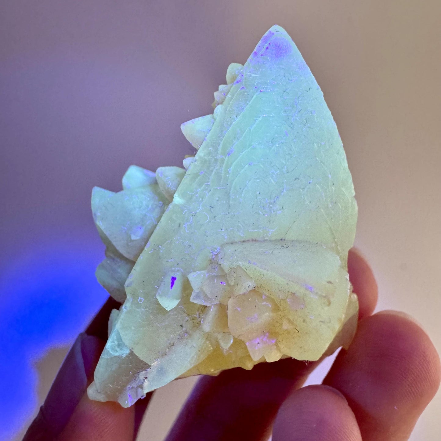 Fluorescent Calcite | UV-reactive raw crystal cluster, natural mineral specimen