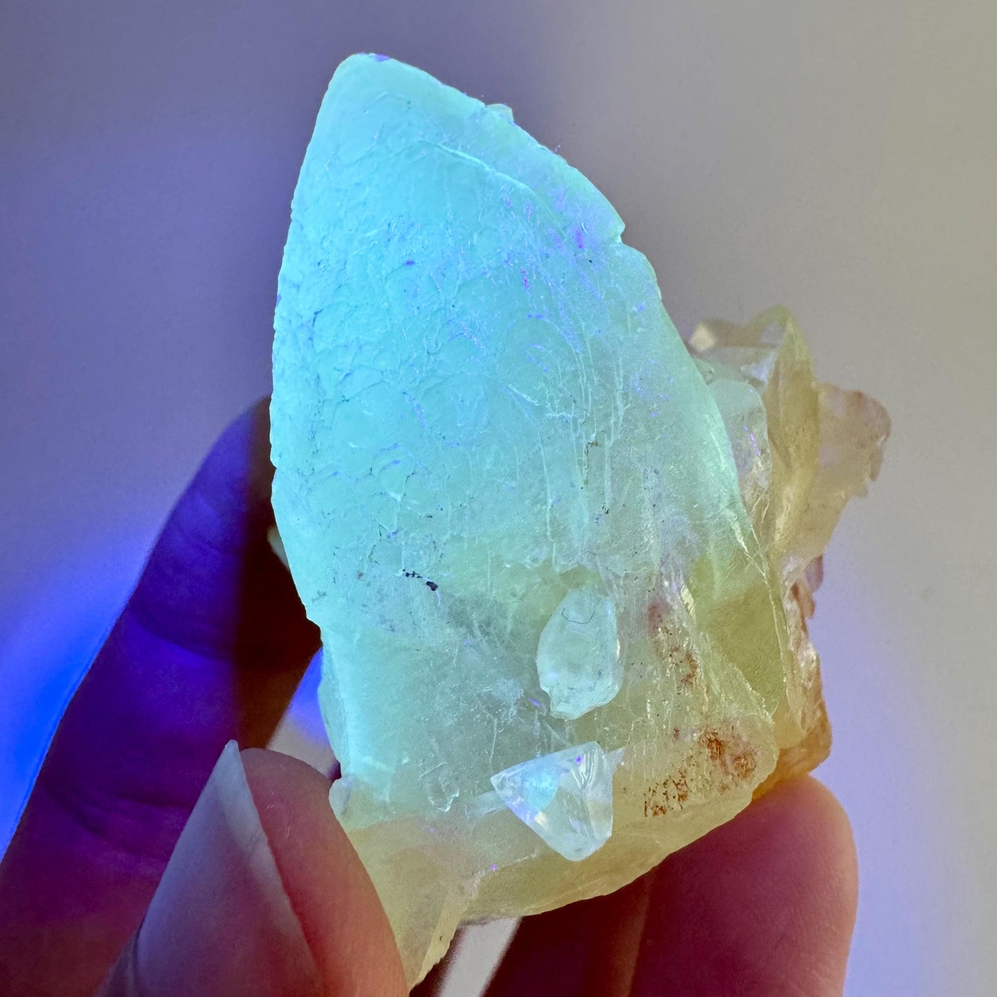 Fluorescent Calcite | UV-reactive raw crystal cluster, natural mineral specimen