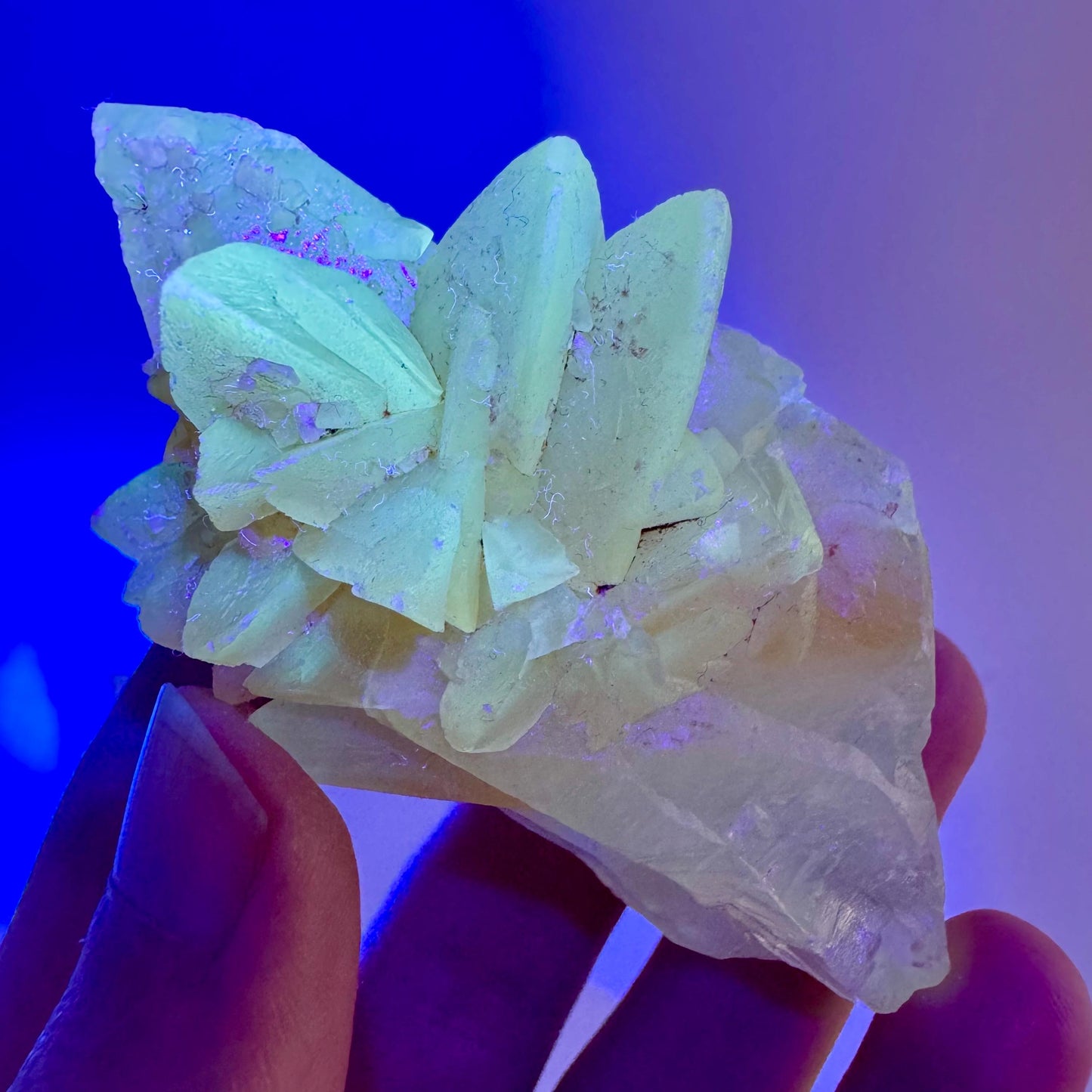 Fluorescent Calcite | UV-reactive raw crystal cluster, natural mineral specimen