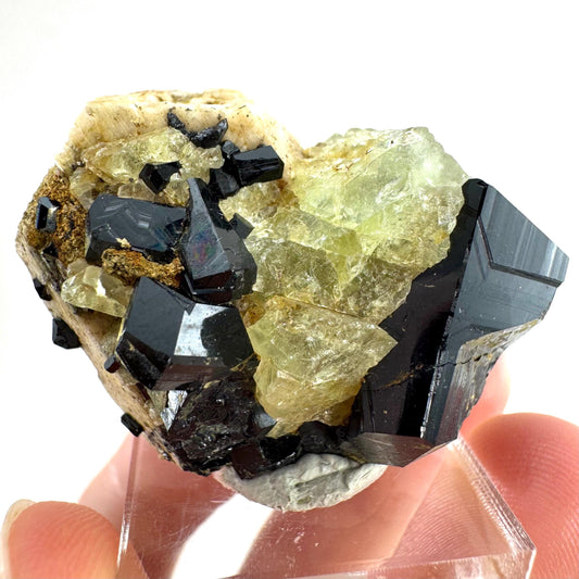 Chlorophane Fluorite w/ Black Tourmaline on Feldspar | natural crystal, rare mineral specimen from Erongo, Namibia