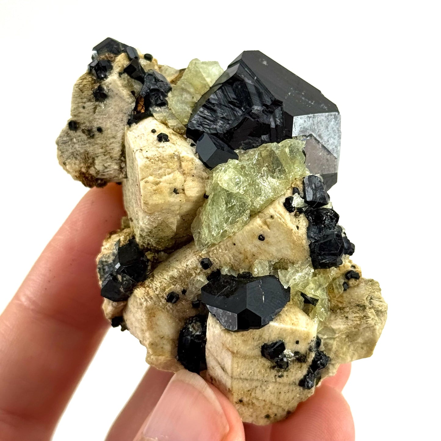 Chlorophane Fluorite Crystal with Black Tourmaline on Feldspar - Erongo, Namibia