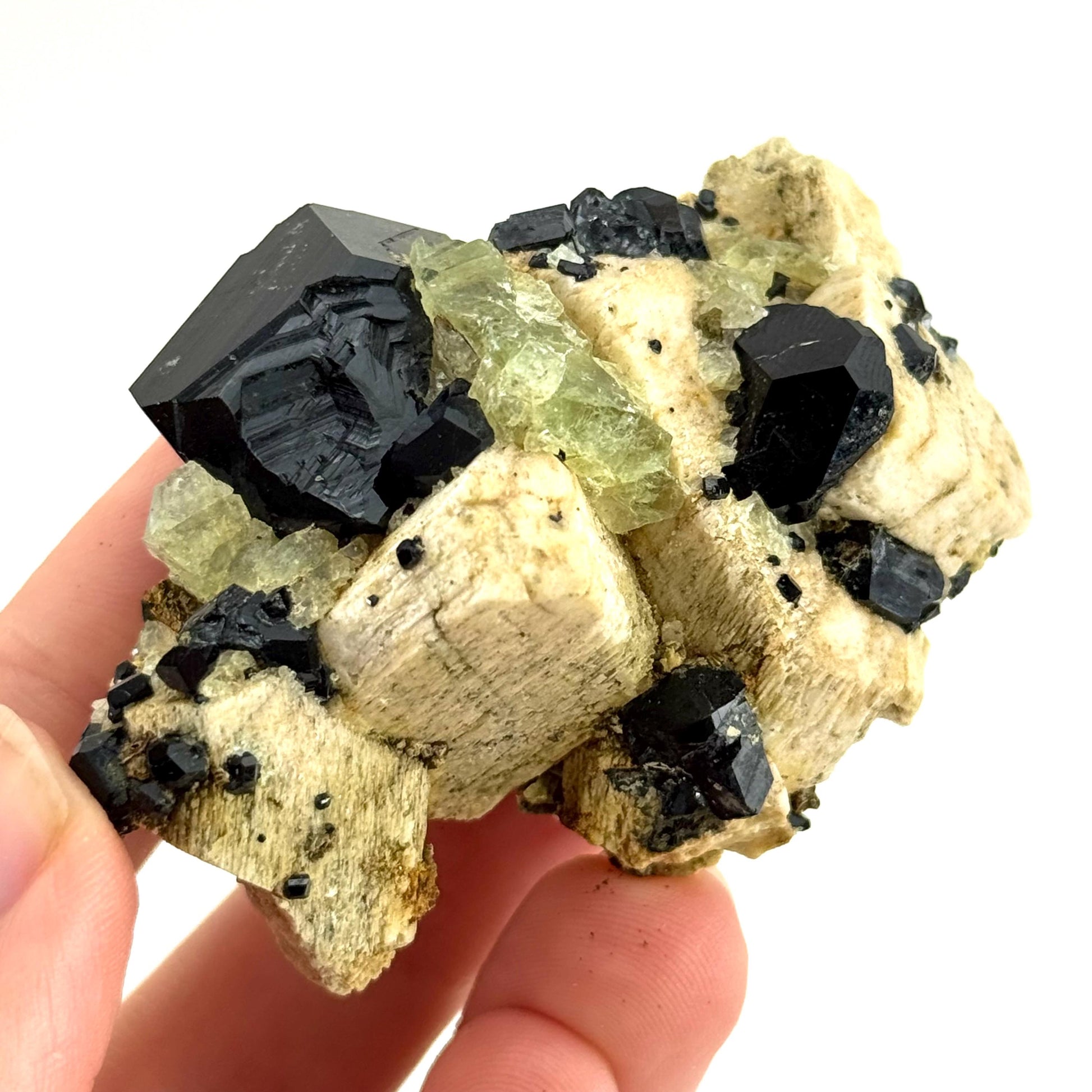Chlorophane Fluorite Crystal with Black Tourmaline on Feldspar - Erongo, Namibia