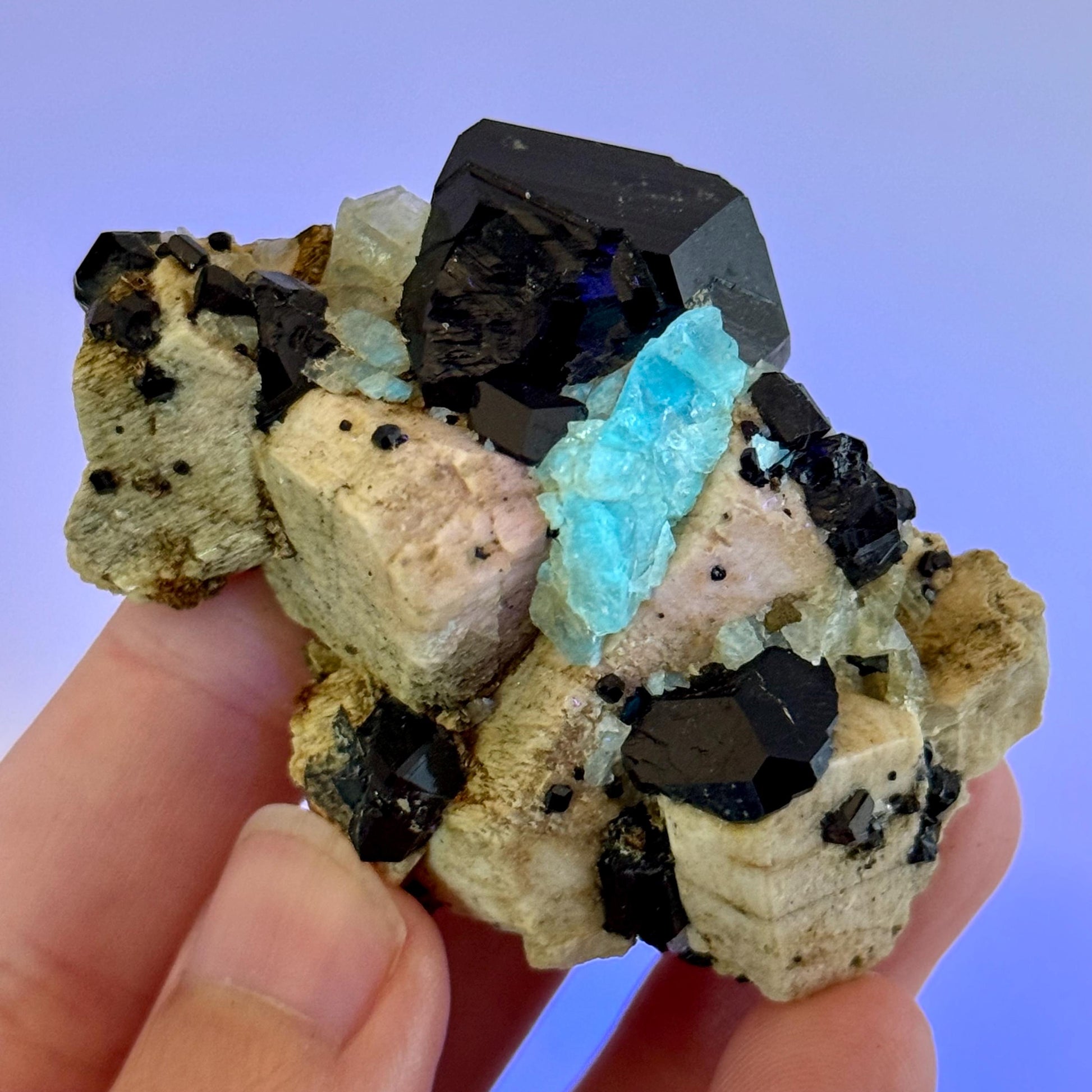 Chlorophane Fluorite Crystal with Black Tourmaline on Feldspar - Erongo, Namibia