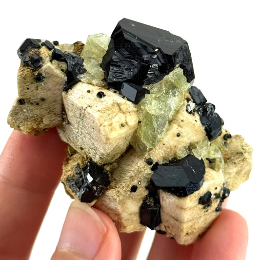 Chlorophane Fluorite Crystal with Black Tourmaline on Feldspar - Erongo, Namibia
