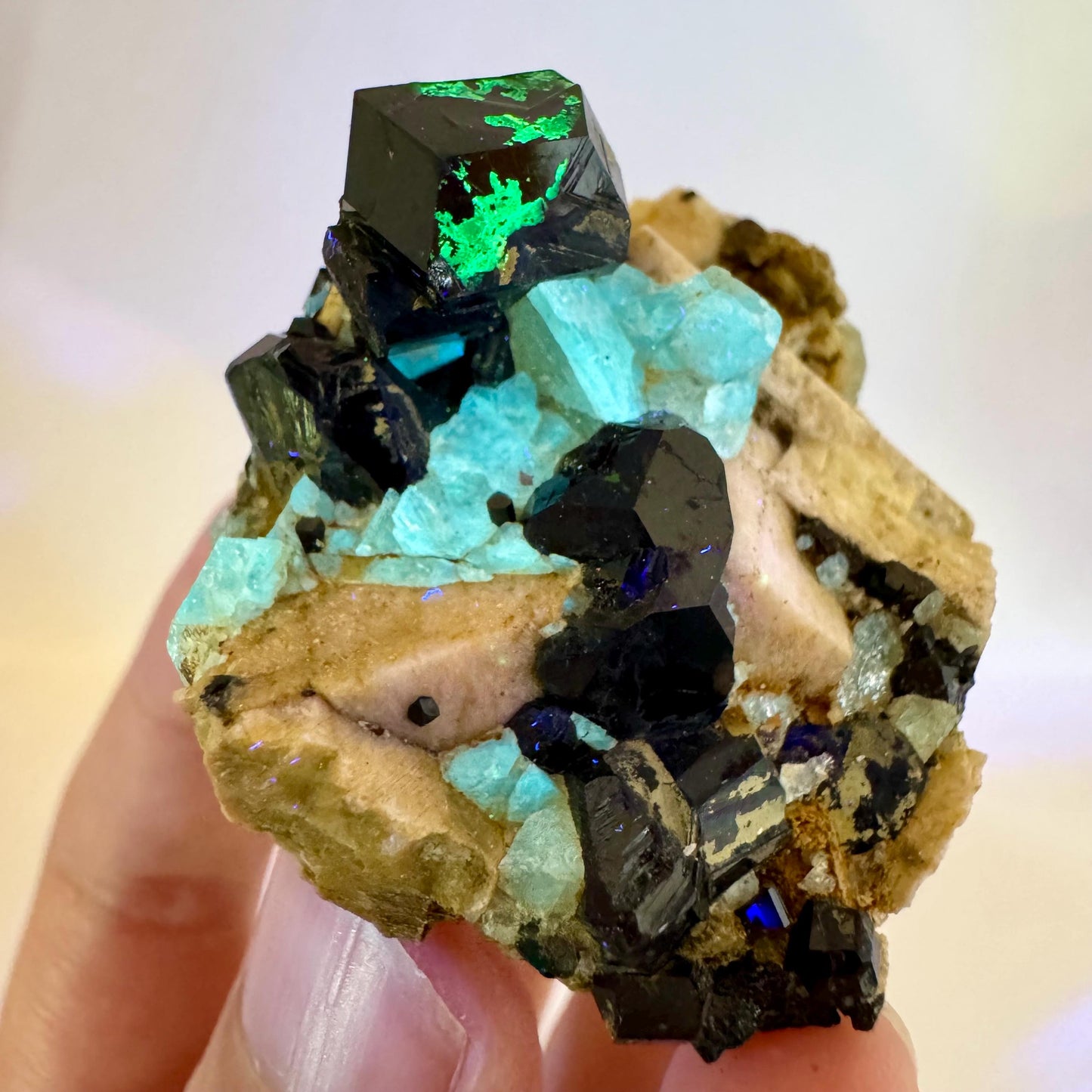 Chlorophane Fluorite w/ Black Tourmaline & Hyalite Opal on Feldspar | natural crystal, rare mineral specimen from Erongo, Namibia