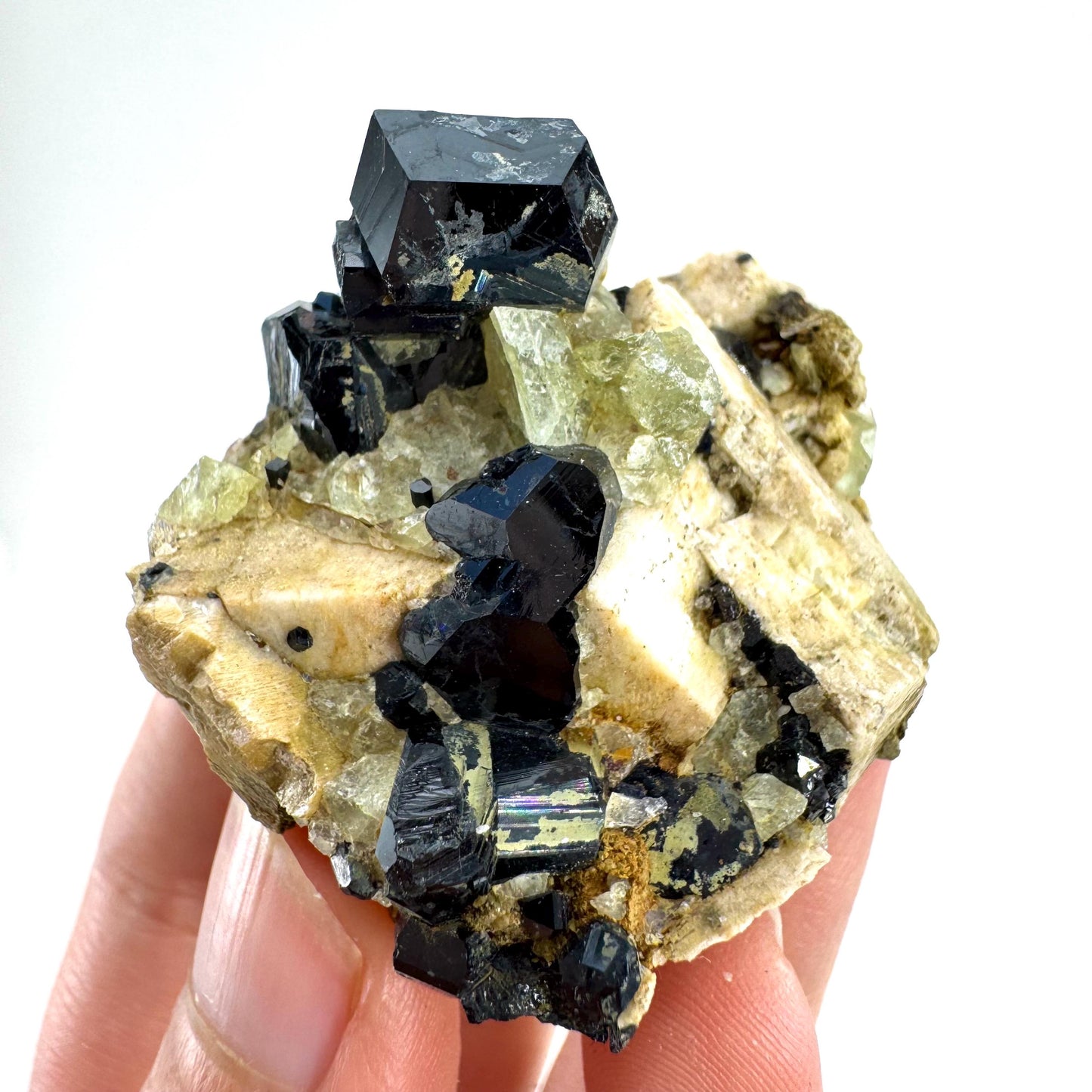 Chlorophane Fluorite w/ Black Tourmaline & Hyalite Opal on Feldspar | natural crystal, rare mineral specimen from Erongo, Namibia