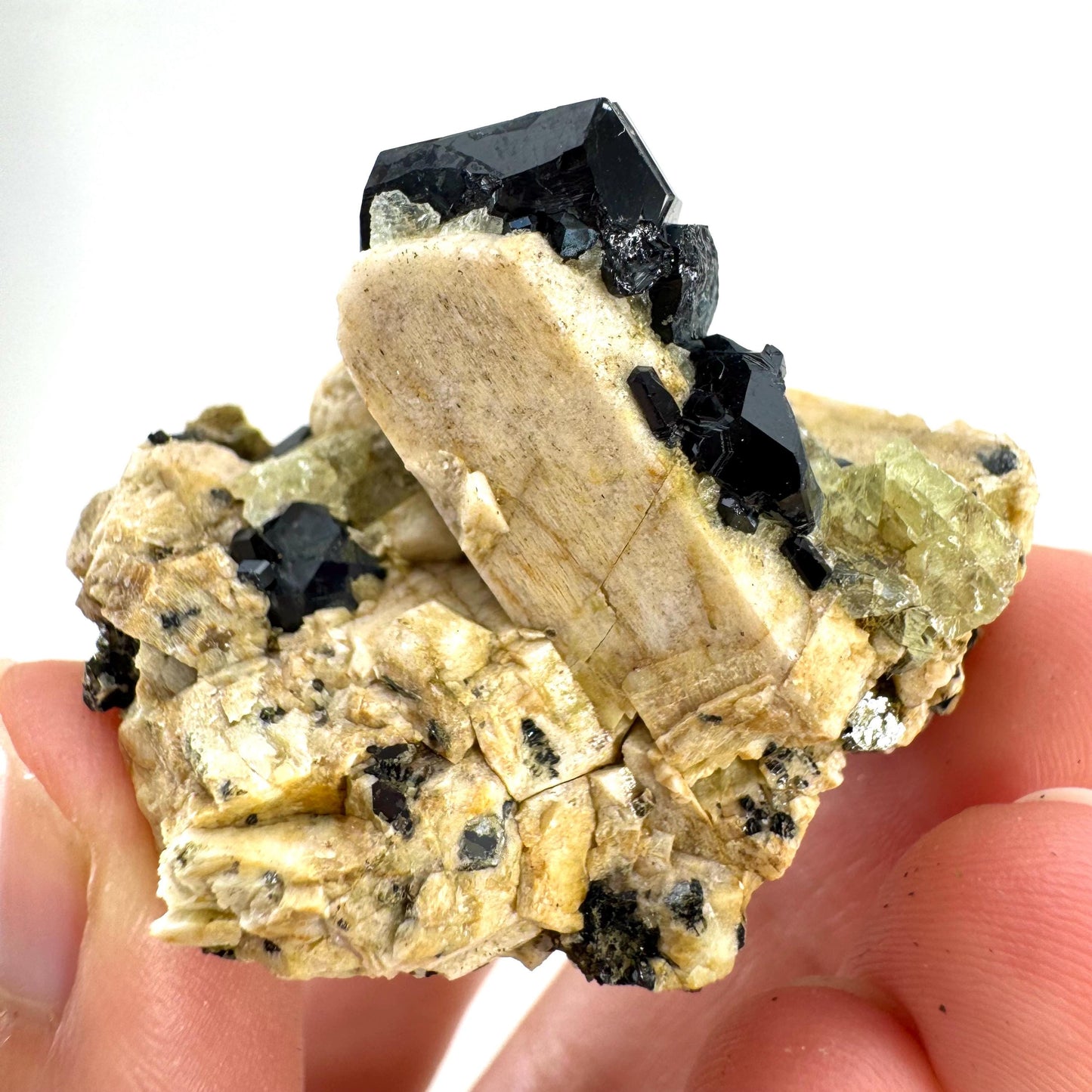 Chlorophane Fluorite w/ Black Tourmaline & Hyalite Opal on Feldspar | natural crystal, rare mineral specimen from Erongo, Namibia