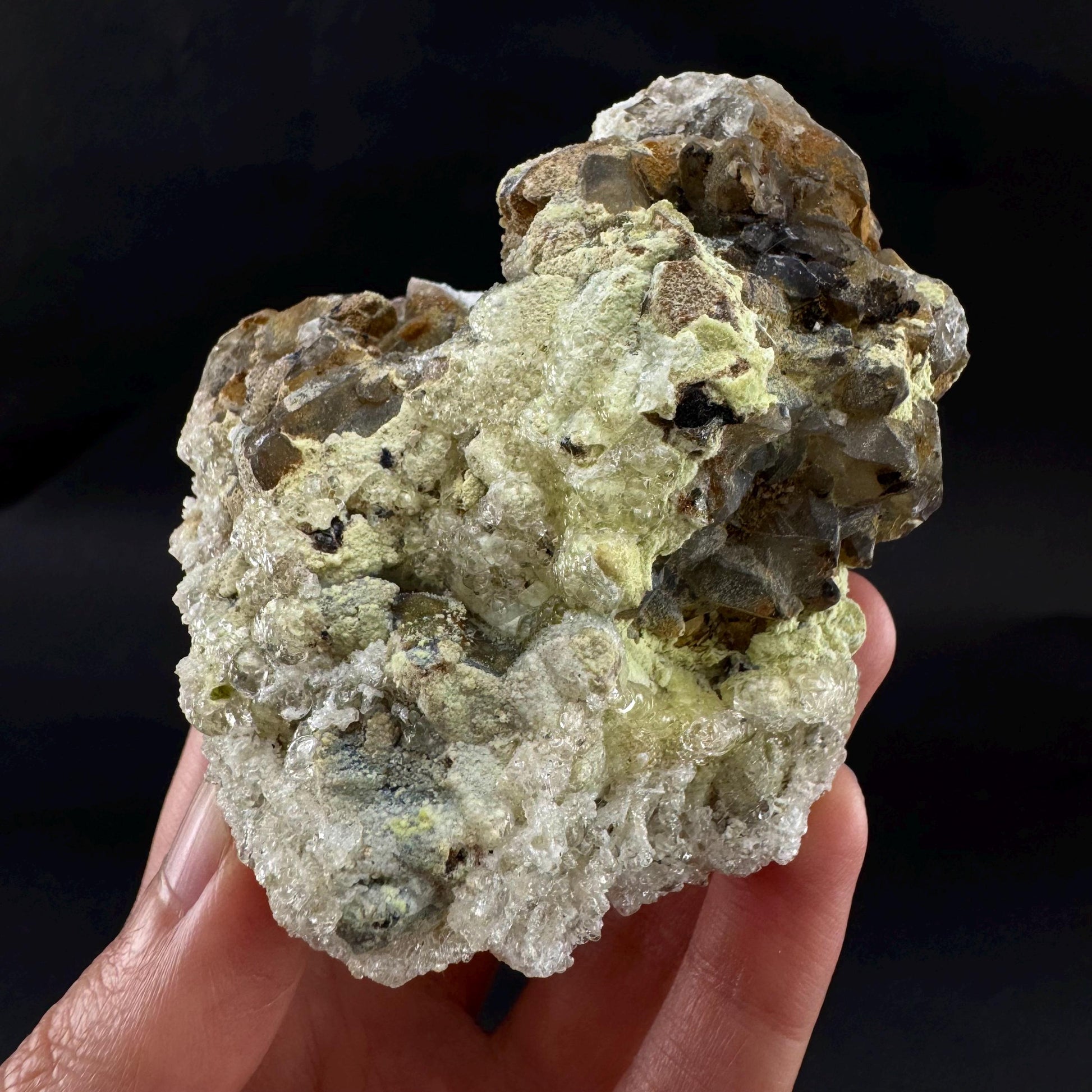 UV Reactive Hyalite Opal on Smoky Quartz | Fluorescent Mineral Specimen from Namibia