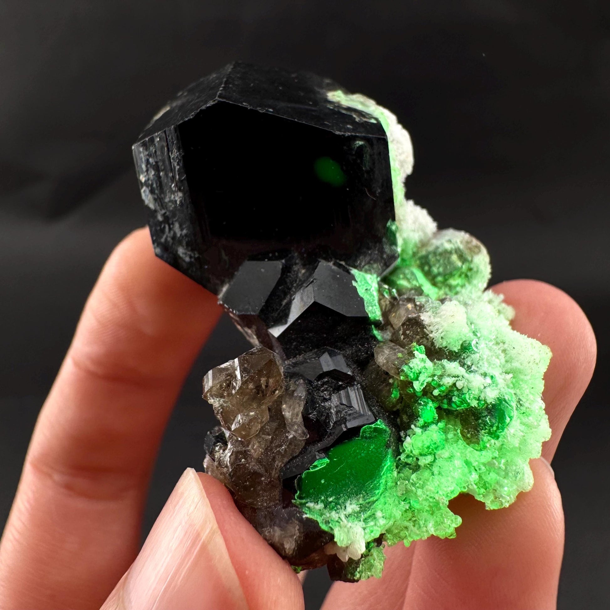 UV Reactive Hyalite Opal w/ Smoky Quartz & Black Tourmaline | Fluorescent Mineral Specimen from Namibia