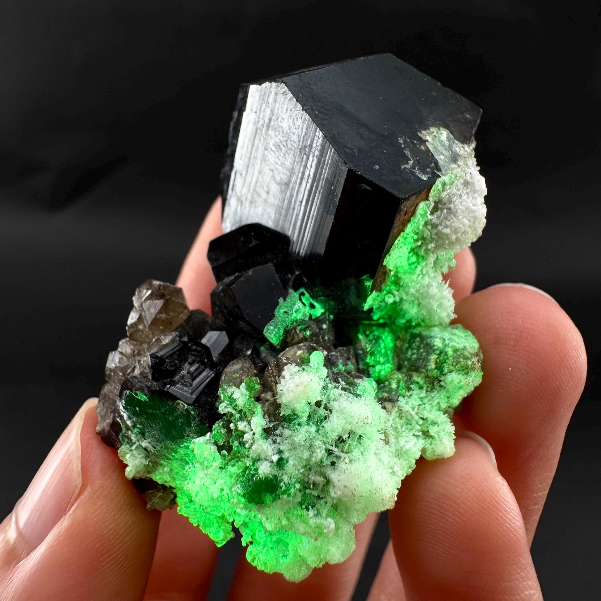 UV Reactive Hyalite Opal w/ Smoky Quartz & Black Tourmaline | Fluorescent Mineral Specimen from Namibia