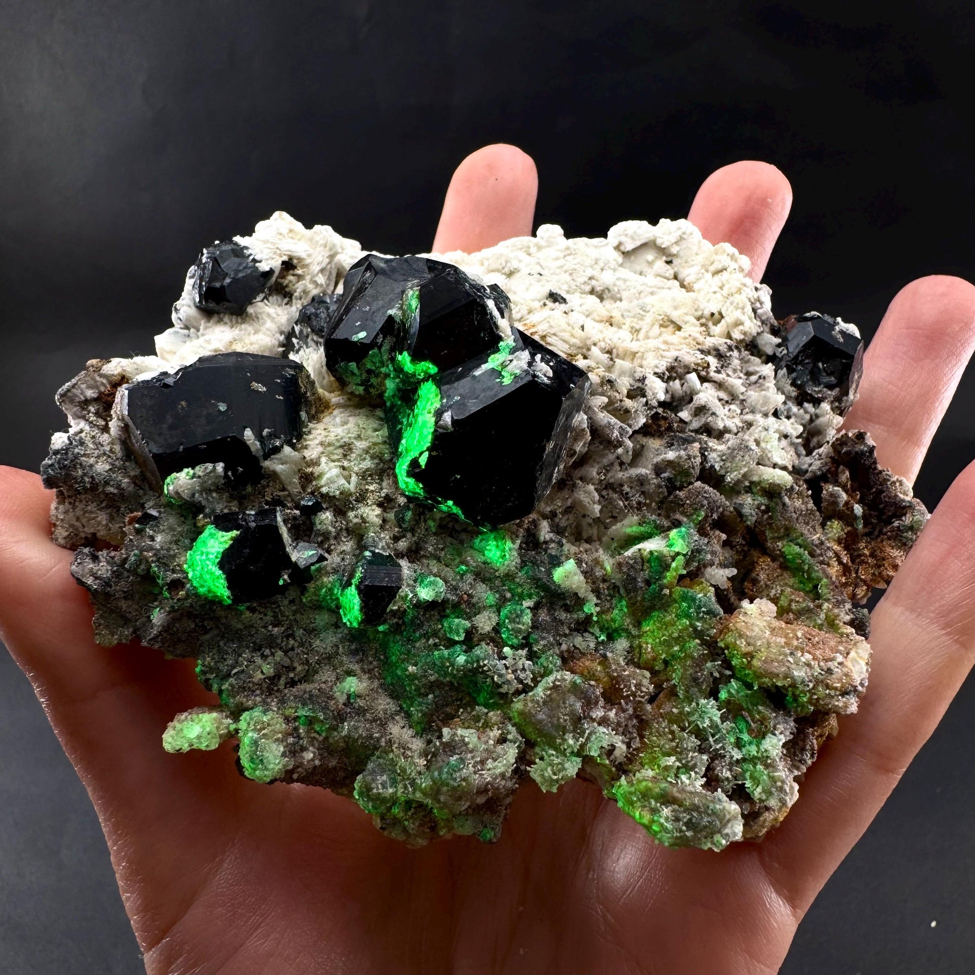 UV Reactive Hyalite Opal on Black Tourmaline & Feldspar | Fluorescent Mineral Specimen from Namibia