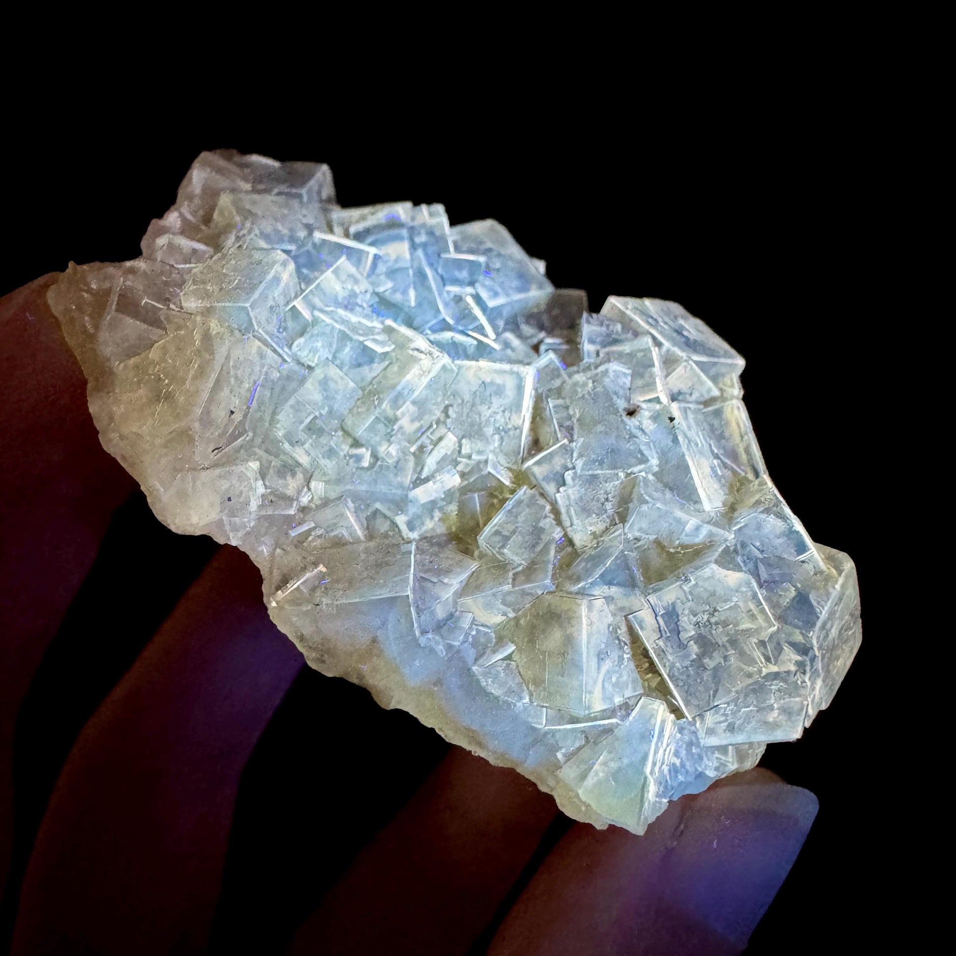 Yellow Fluorite | fluorescent crystal cluster, mineral specimen from Spain