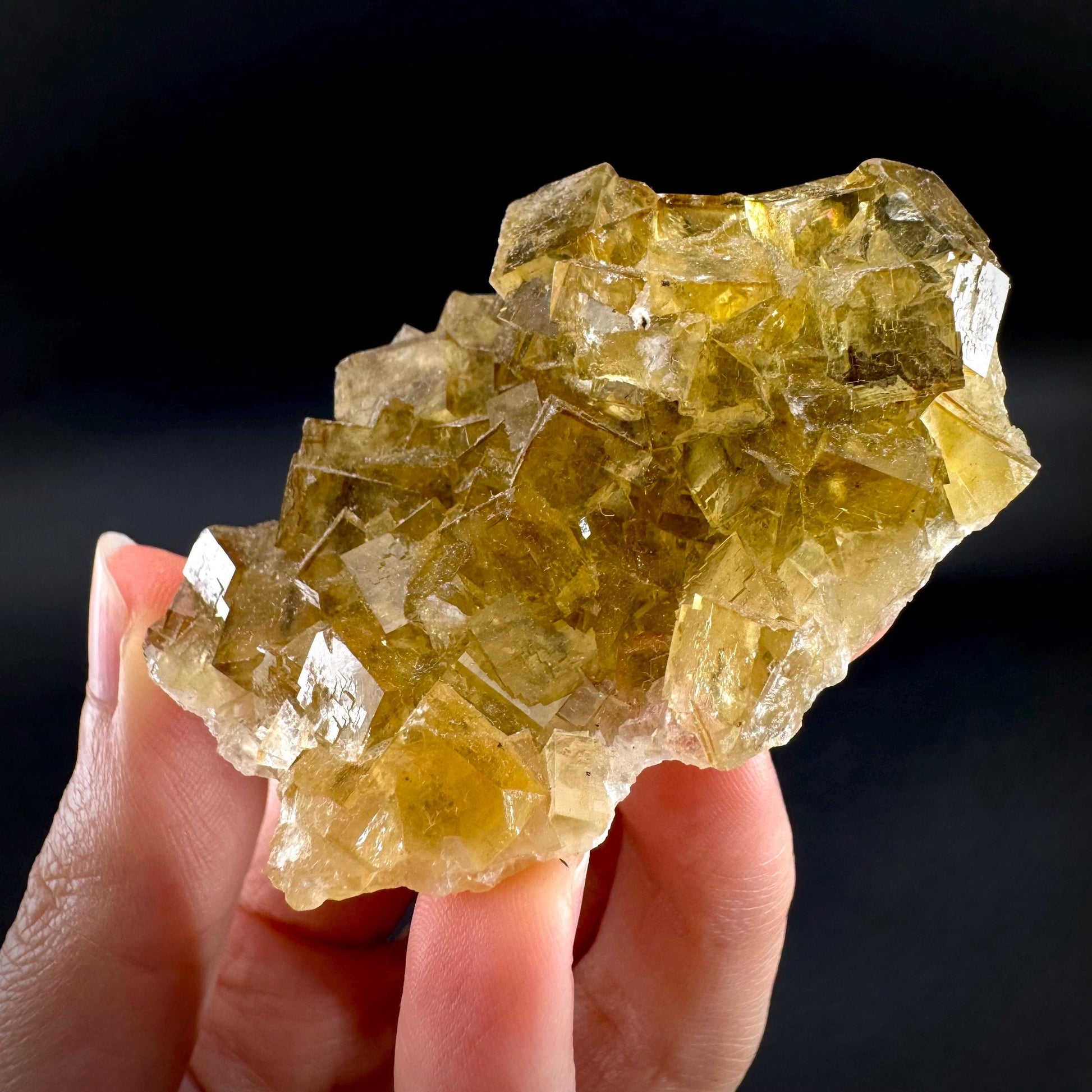 Yellow Fluorite | fluorescent crystal cluster, mineral specimen from Spain