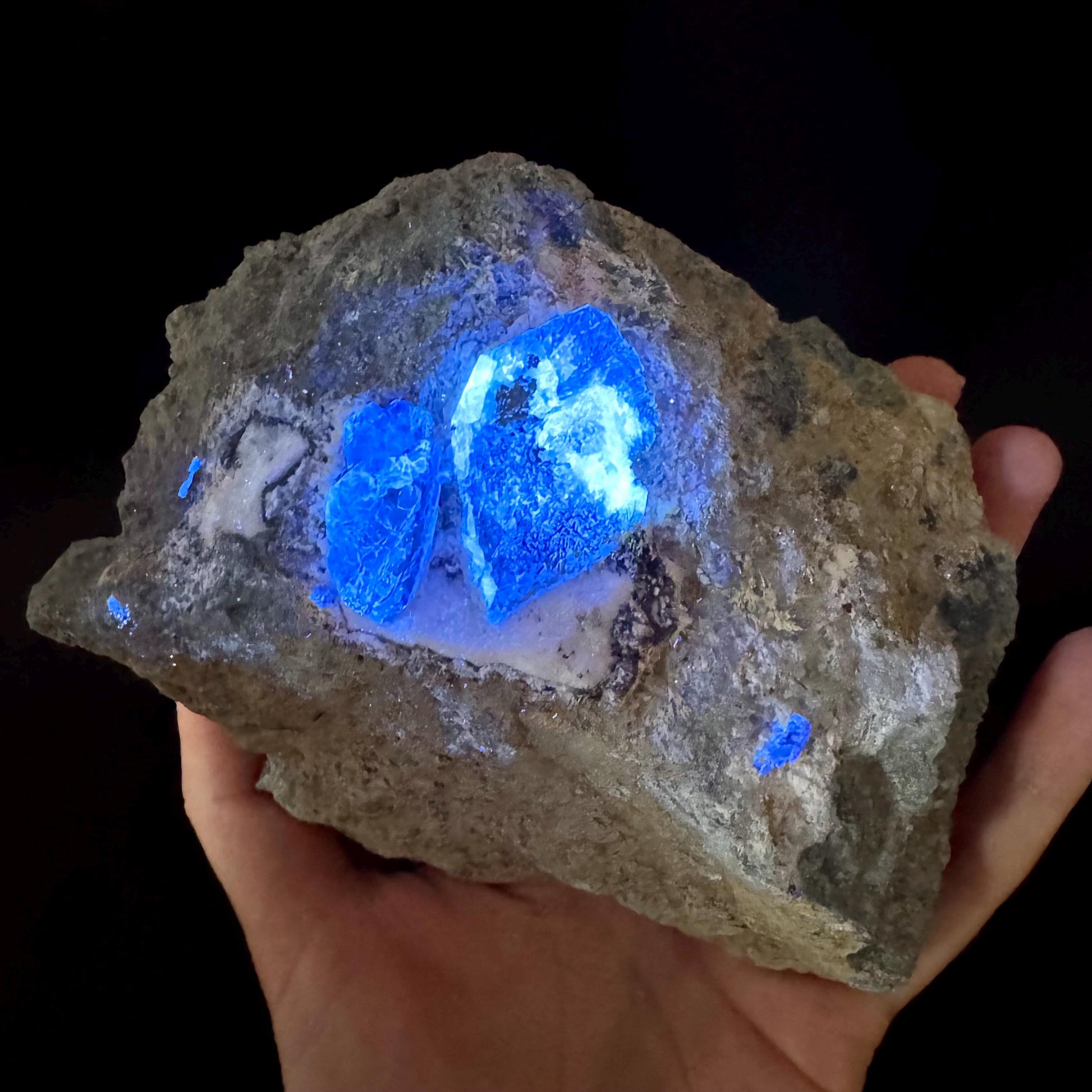 Benitoite with Joaquinite, Chalcopyrite, Serandite & Natrolite (California, USA) | UV reactive benitoite crystal, rare mineral specimen