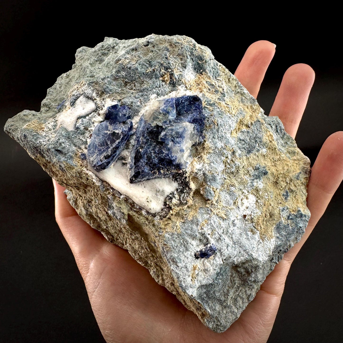 Benitoite with Joaquinite, Chalcopyrite, Serandite & Natrolite (California, USA) | UV reactive benitoite crystal, rare mineral specimen