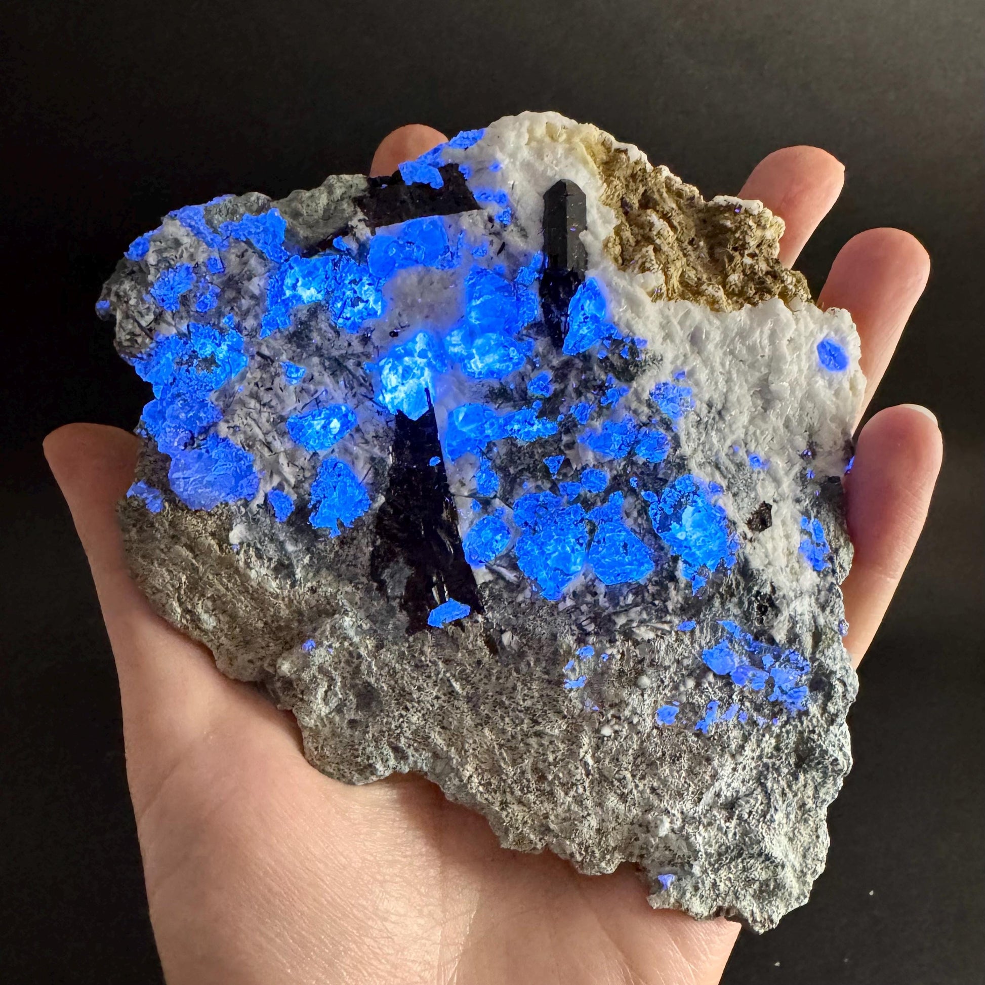 Benitoite with Joaquinite & Neptunite (California, USA) | UV reactive benitoite crystal, rare mineral specimen