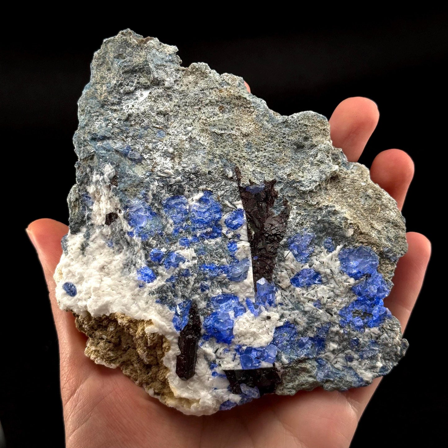 Benitoite with Joaquinite & Neptunite (California, USA) | UV reactive benitoite crystal, rare mineral specimen