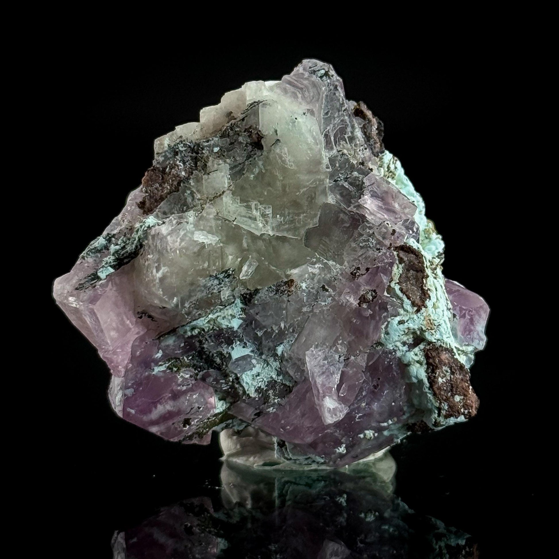 Gem Cobaltoan Calcite with Kolwezite & Chrysocolla | translucent pink crystal cluster, mineral specimen