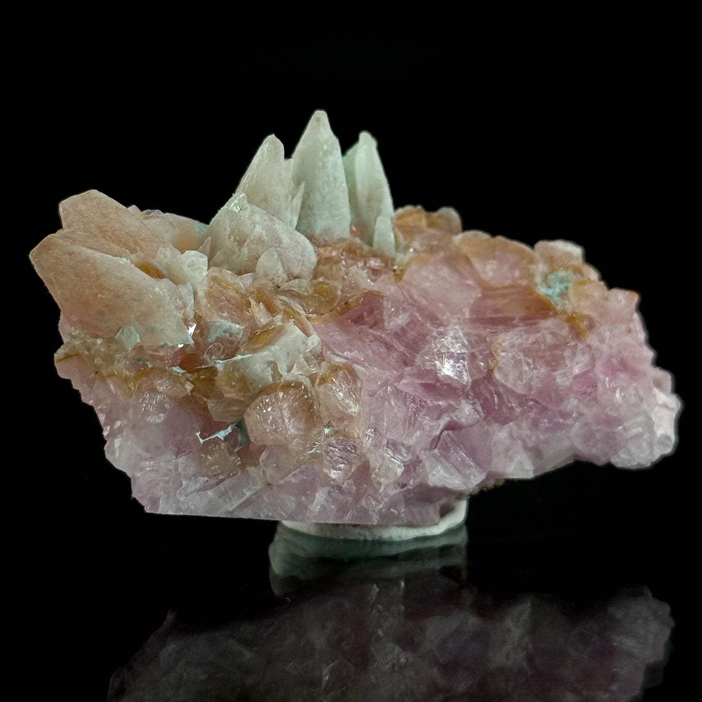 Gem Cobaltoan Calcite with Bisbeeite & Chrysocolla | translucent pink crystal cluster, mineral specimen
