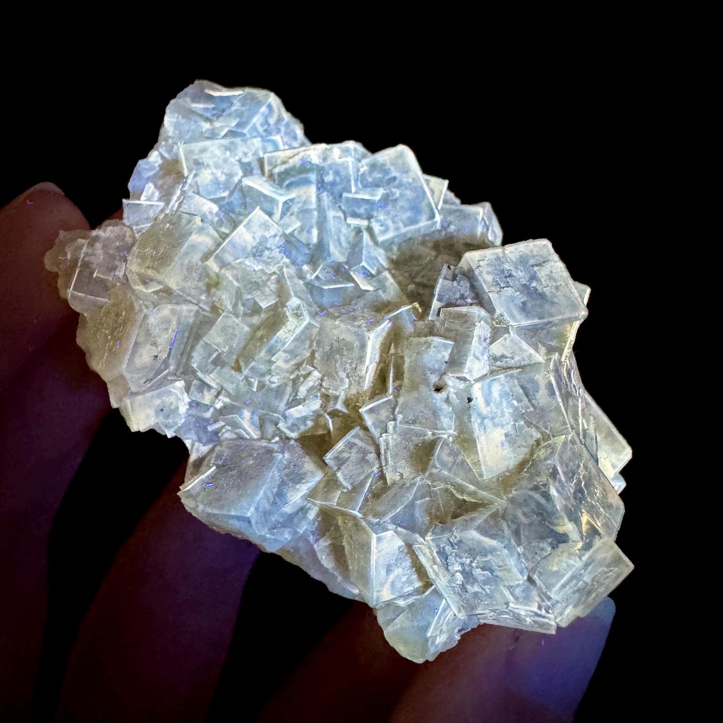 Yellow Fluorite | fluorescent crystal cluster, mineral specimen from Spain