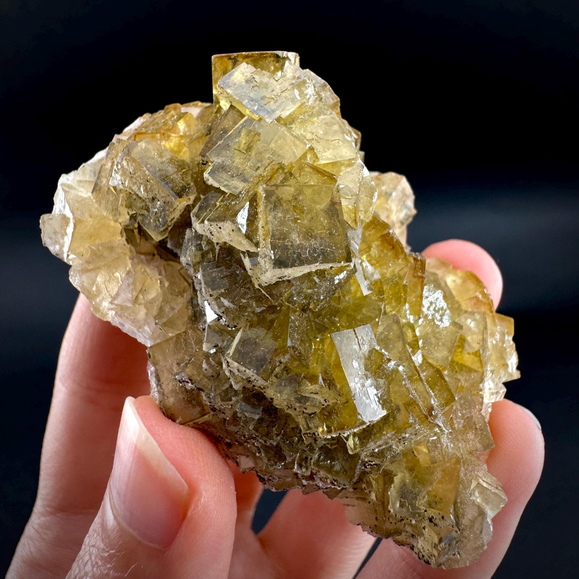 Yellow Fluorite | fluorescent crystal cluster, mineral specimen from Spain