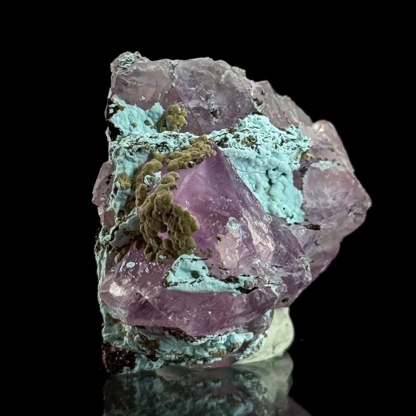 Gem Cobaltoan Calcite with Kolwezite & Chrysocolla | translucent pink crystal cluster, mineral specimen